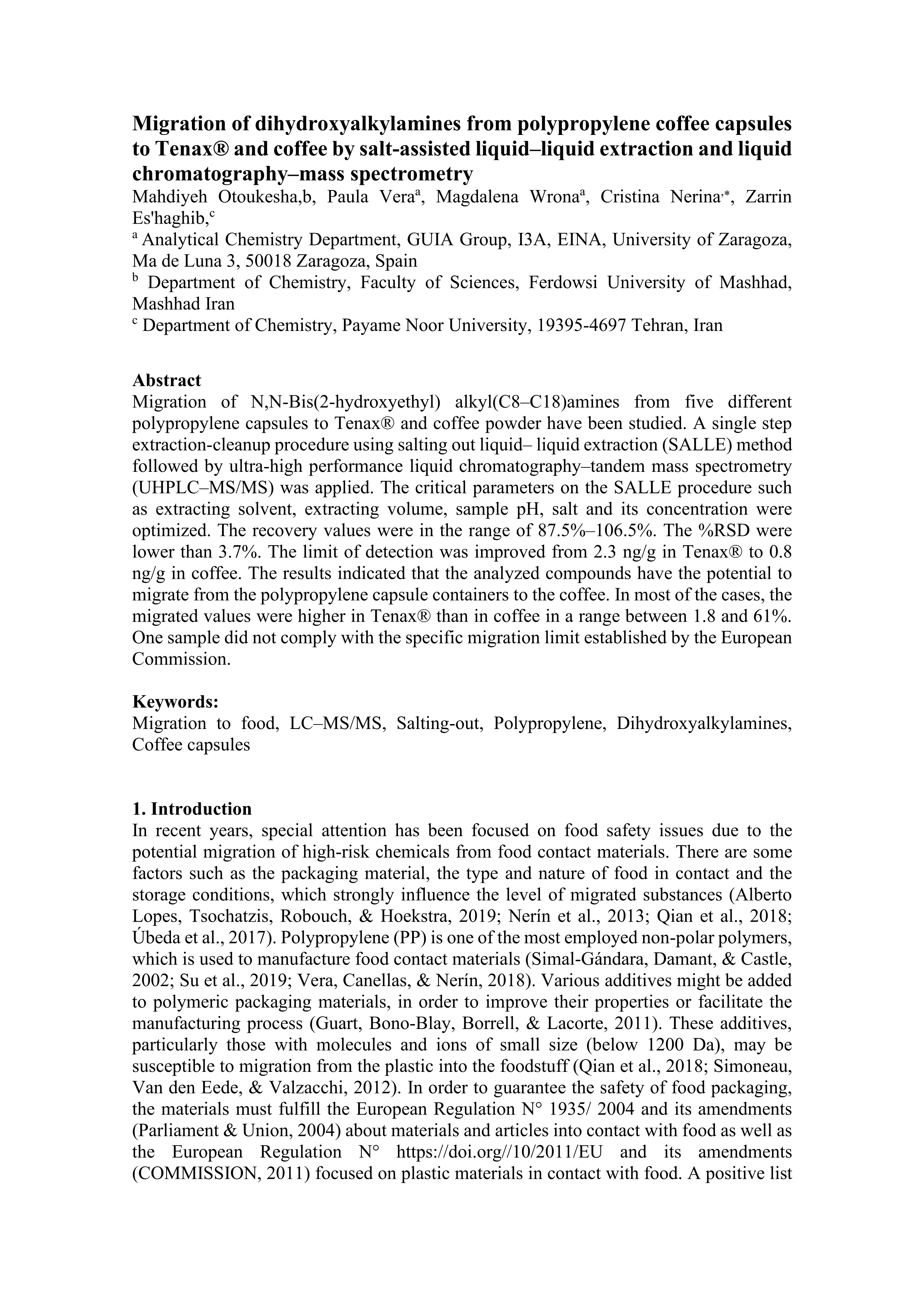 Migration of dihydroxyalkylamines from polypropylene coffee capsules to Tenax® and coffee by salt-assisted liquid–liquid extraction and liquid chromatography–mass spectrometry