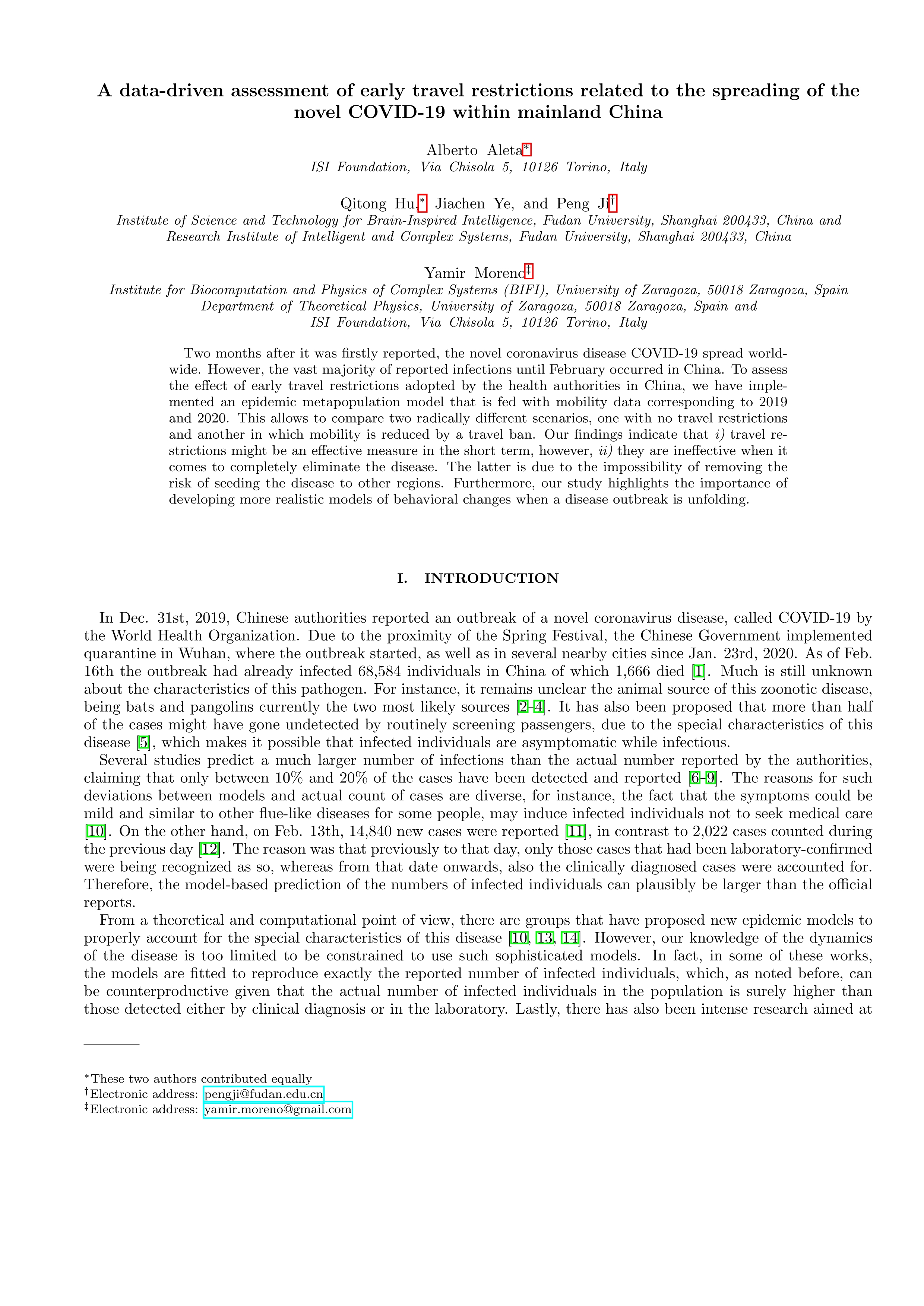 A data-driven assessment of early travel restrictions related to the spreading of the novel COVID-19 within mainland China