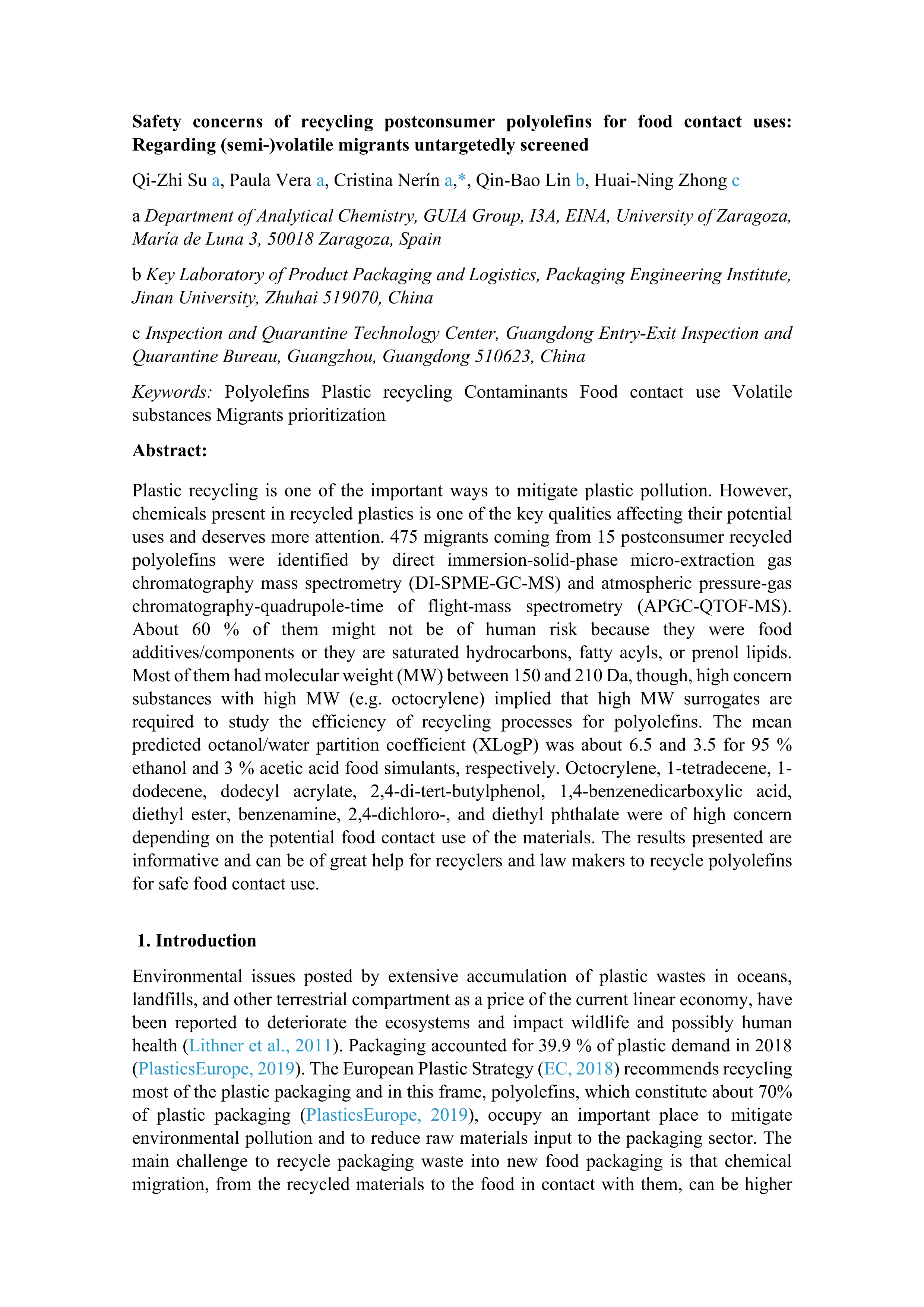 Safety concerns of recycling postconsumer polyolefins for food contact uses: Regarding (semi-)volatile migrants untargetedly screened