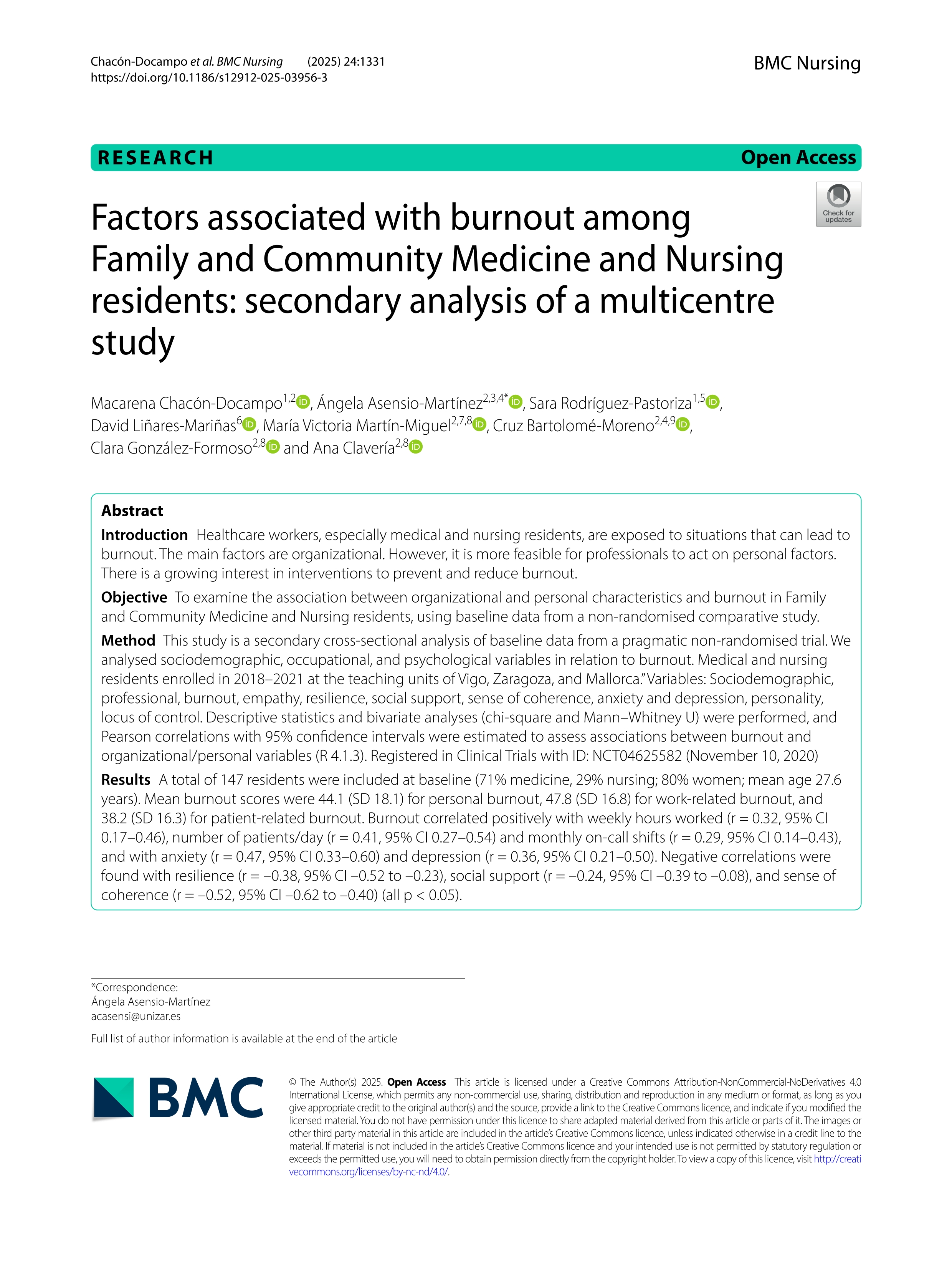 Factors associated with burnout among Family and Community Medicine and Nursing residents: secondary analysis of a multicentre study