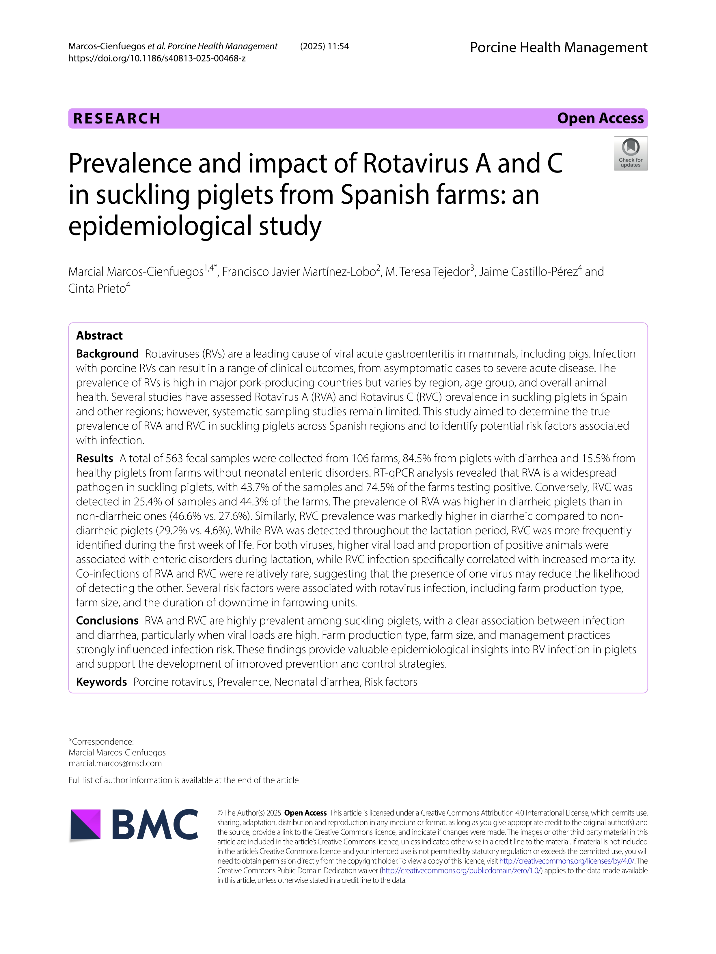 Prevalence and impact of Rotavirus A and C in suckling piglets from Spanish farms: an epidemiological study