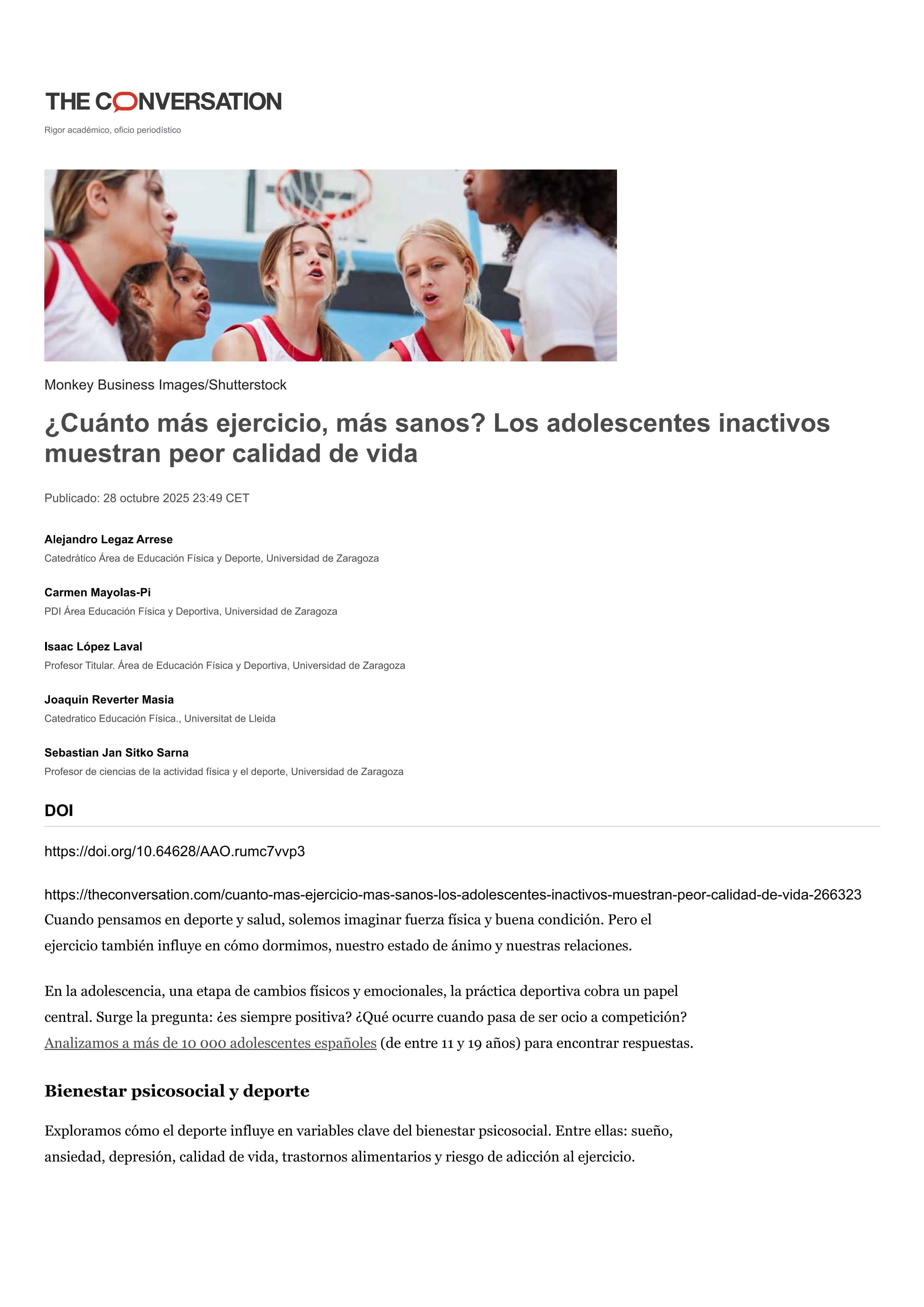 ¿Cuánto más ejercicio, más sanos? Los adolescentes inactivos muestran peor calidad de vida