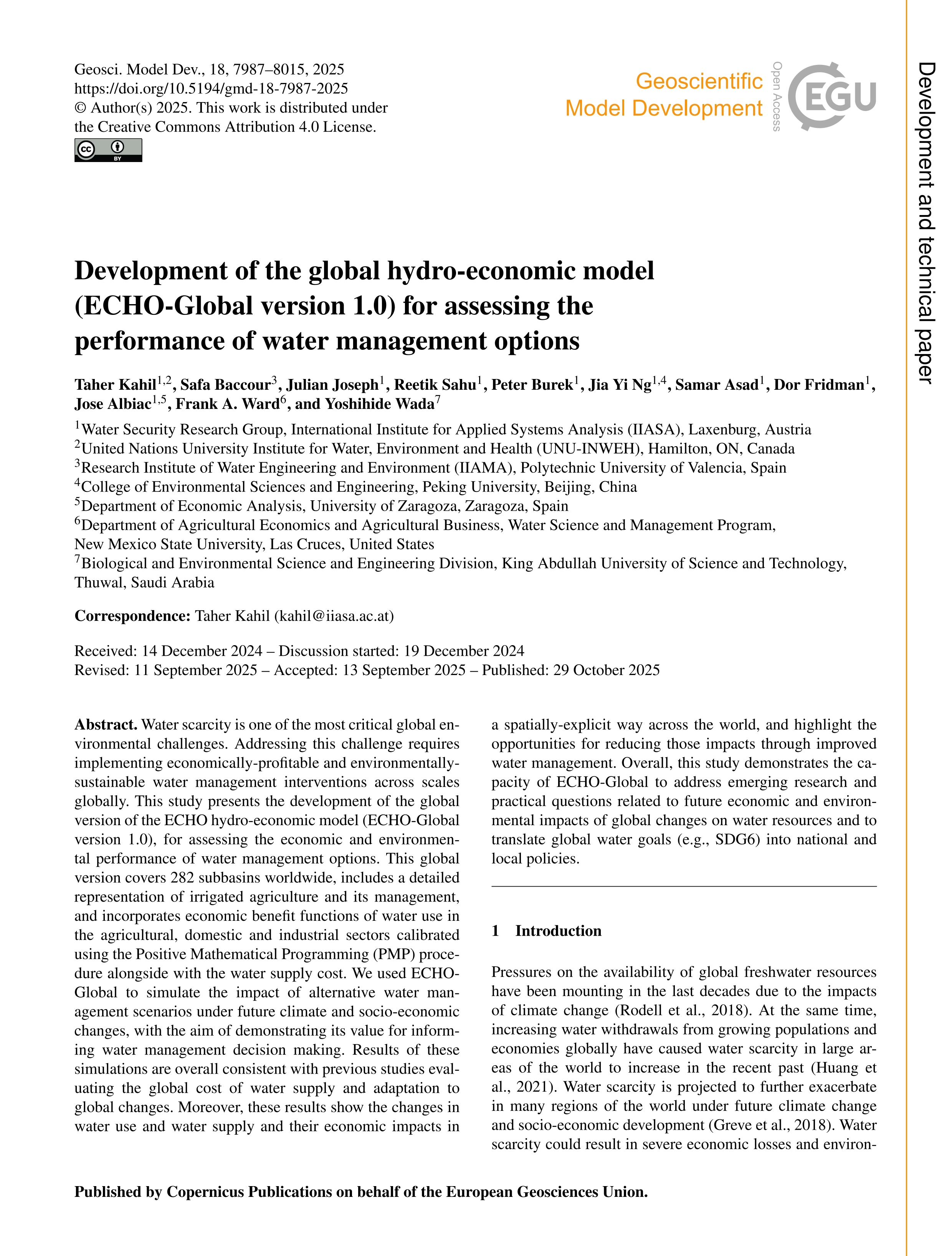 Development of the global hydro-economic model  (ECHO-Global version 1.0) for assessing the  performance of water management options