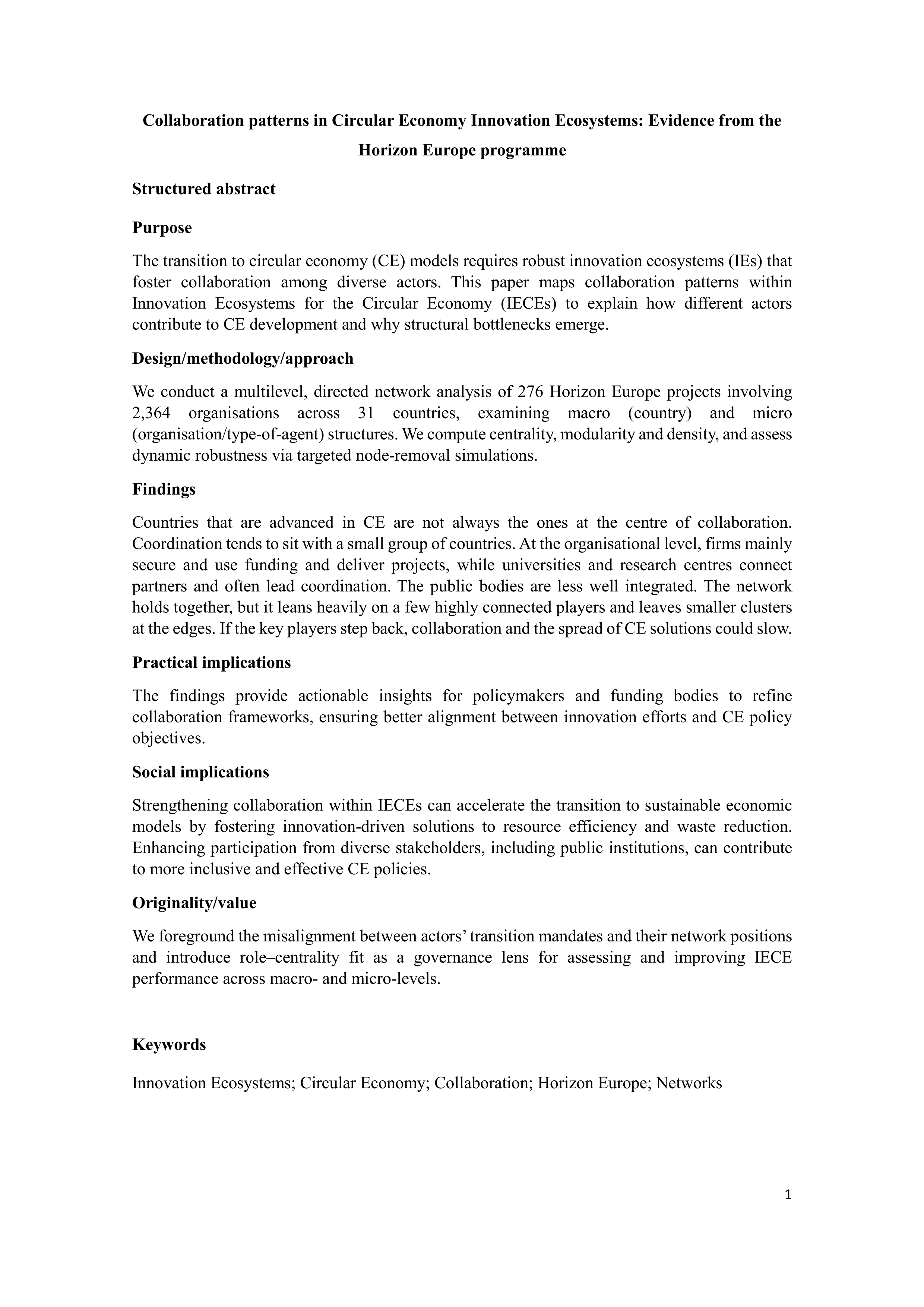 Collaboration patterns in circular economy innovation ecosystems: evidence from the Horizon Europe programme
