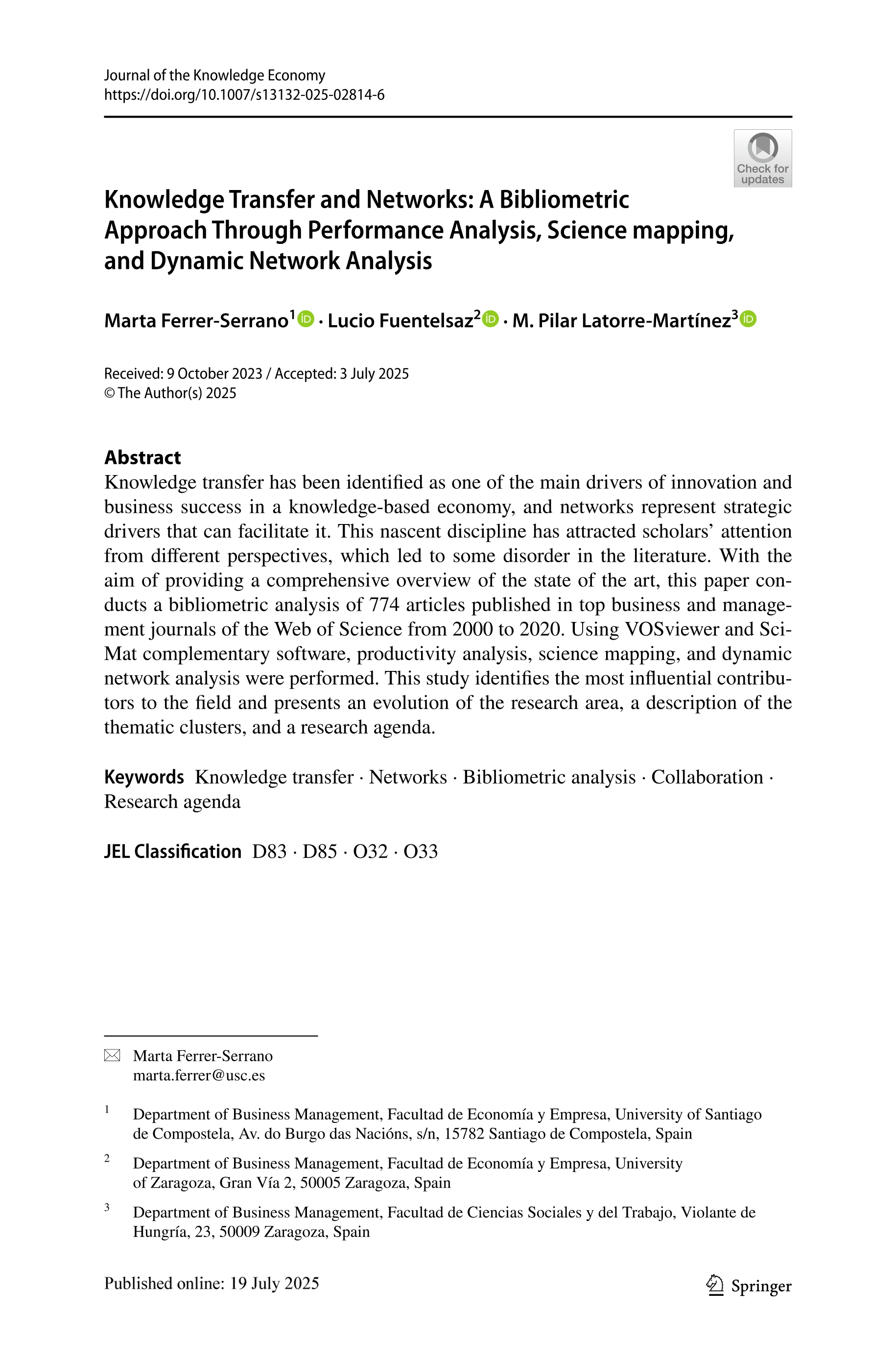 Knowledge transfer and networks: a bibliometric approach through performance analysis, science mapping, and dynamic network analysis