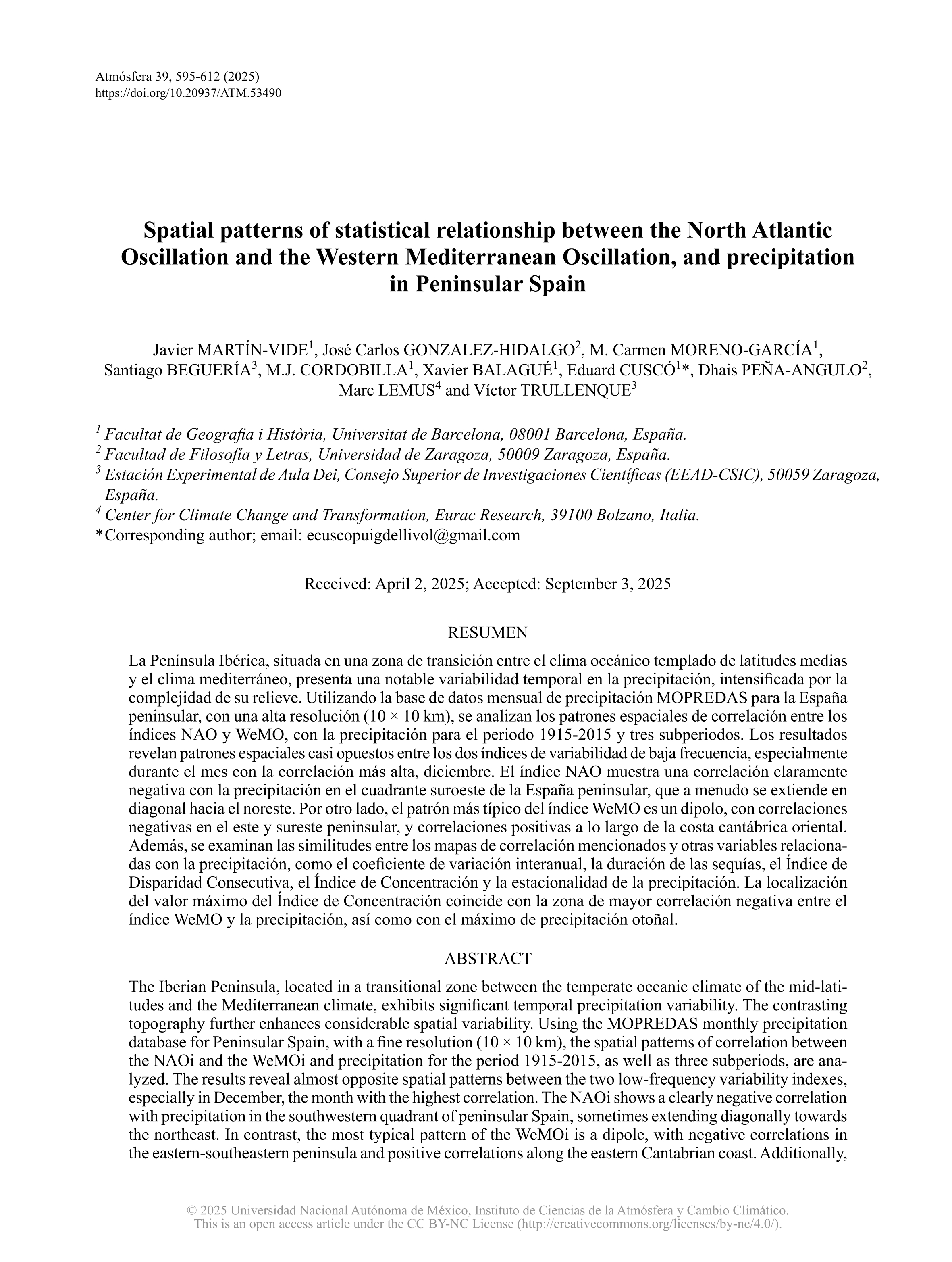 Spatial patterns of statistical relationship between the North Atlantic Oscillation and the Western Mediterranean Oscillation, and precipitation in Peninsular Spain