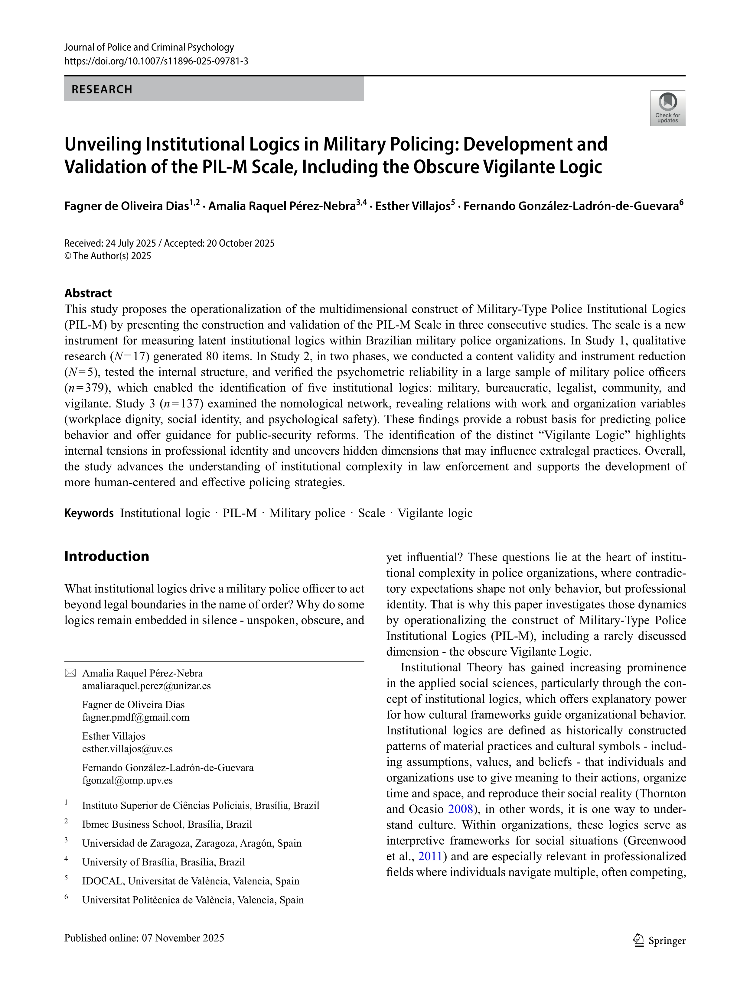 Unveiling Institutional Logics in Military Policing: Development and Validation of the PIL-M Scale, Including the Obscure Vigilante Logic