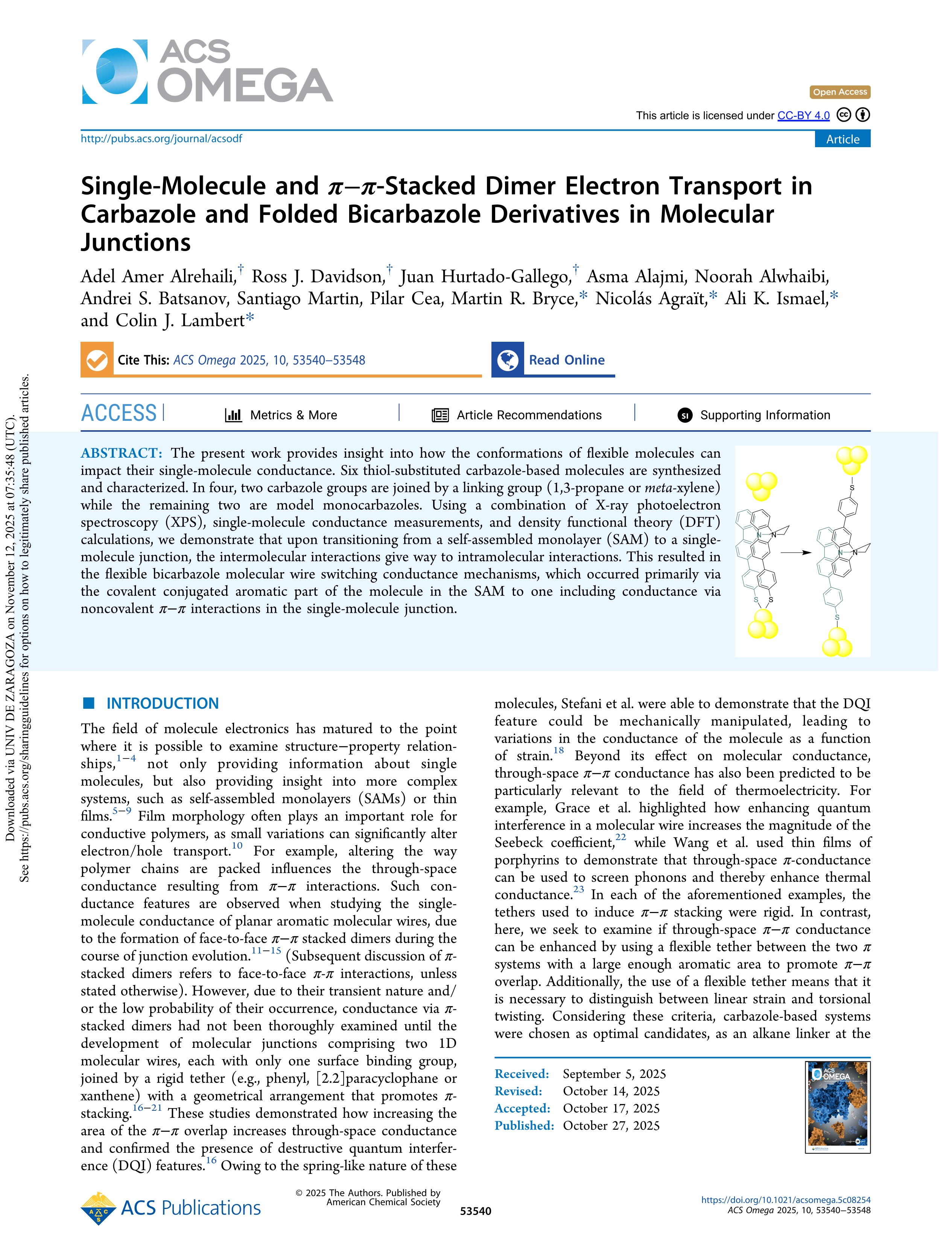 Single-Molecule and π–π-Stacked Dimer Electron Transport in Carbazole and Folded Bicarbazole Derivatives in Molecular Junctions