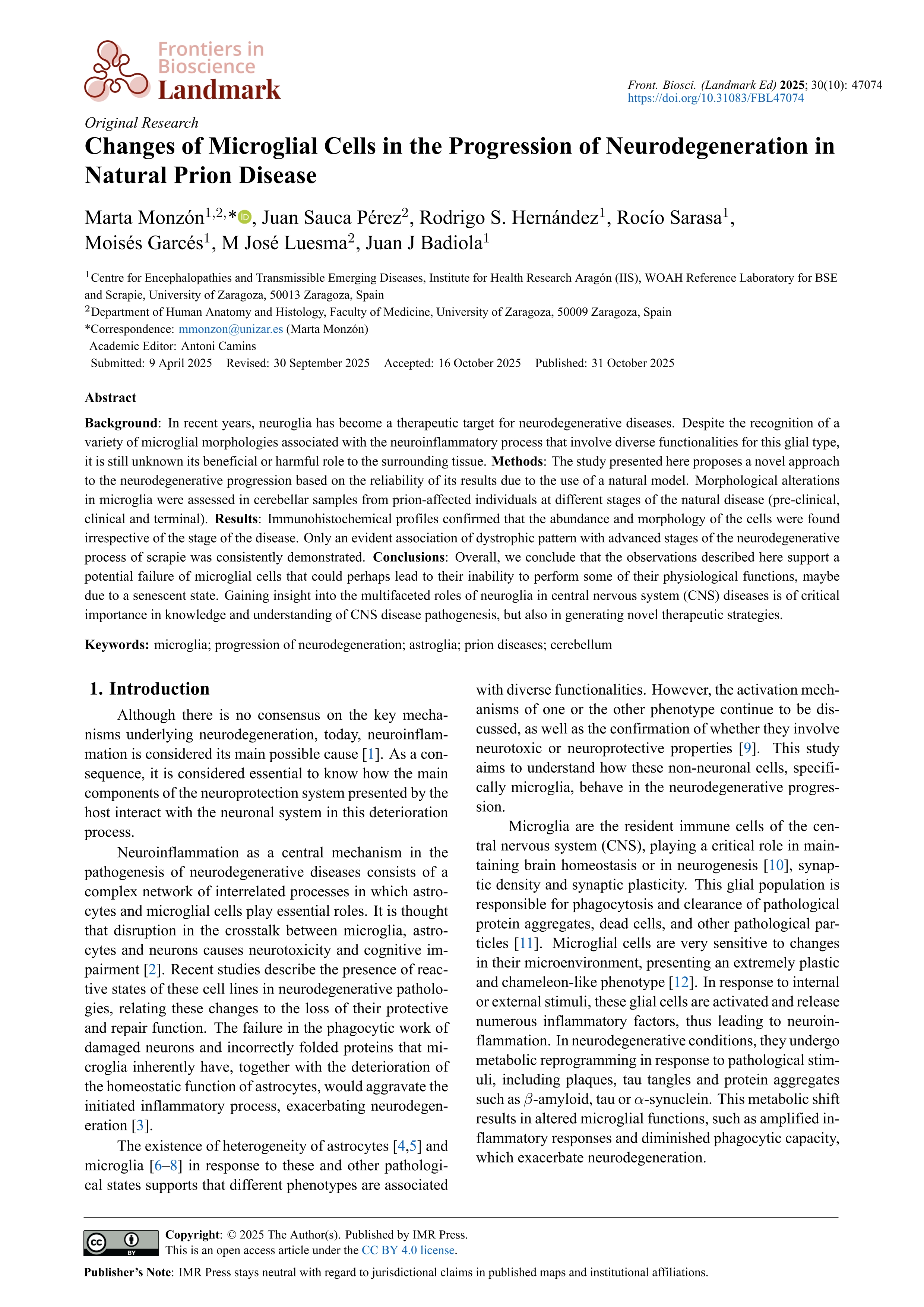 Changes of Microglial Cells in the Progression of Neurodegeneration in Natural Prion Disease