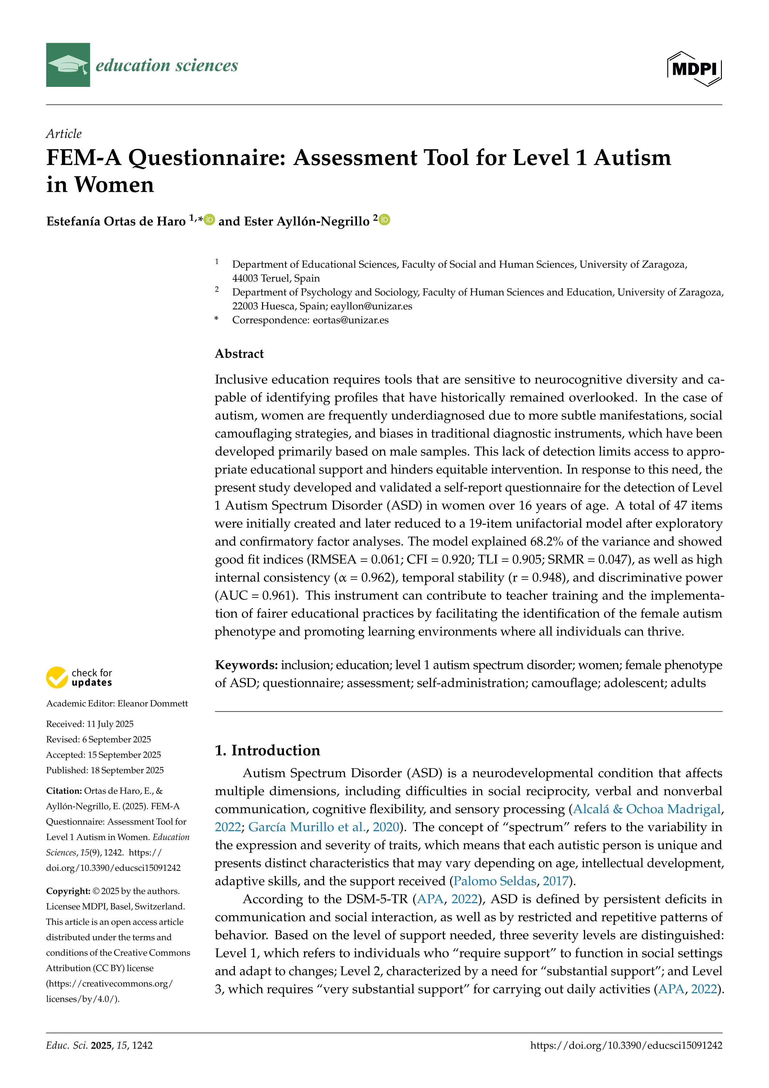 FEM-A Questionnaire: Assessment Tool for Level 1 Autism in Women