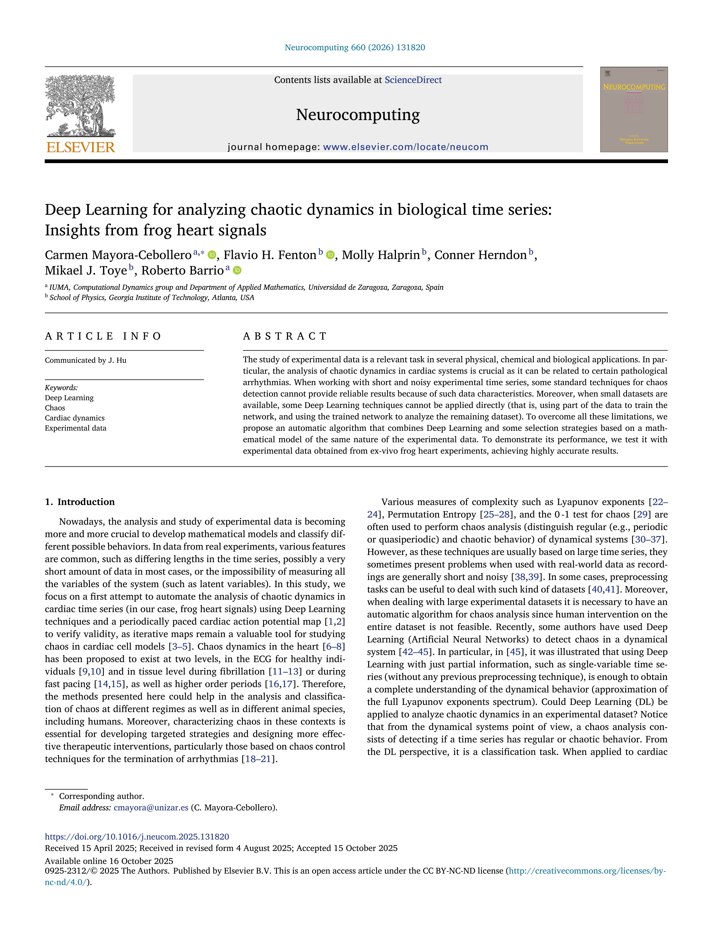 Deep Learning for analyzing chaotic dynamics in biological time series: Insights from frog heart signals