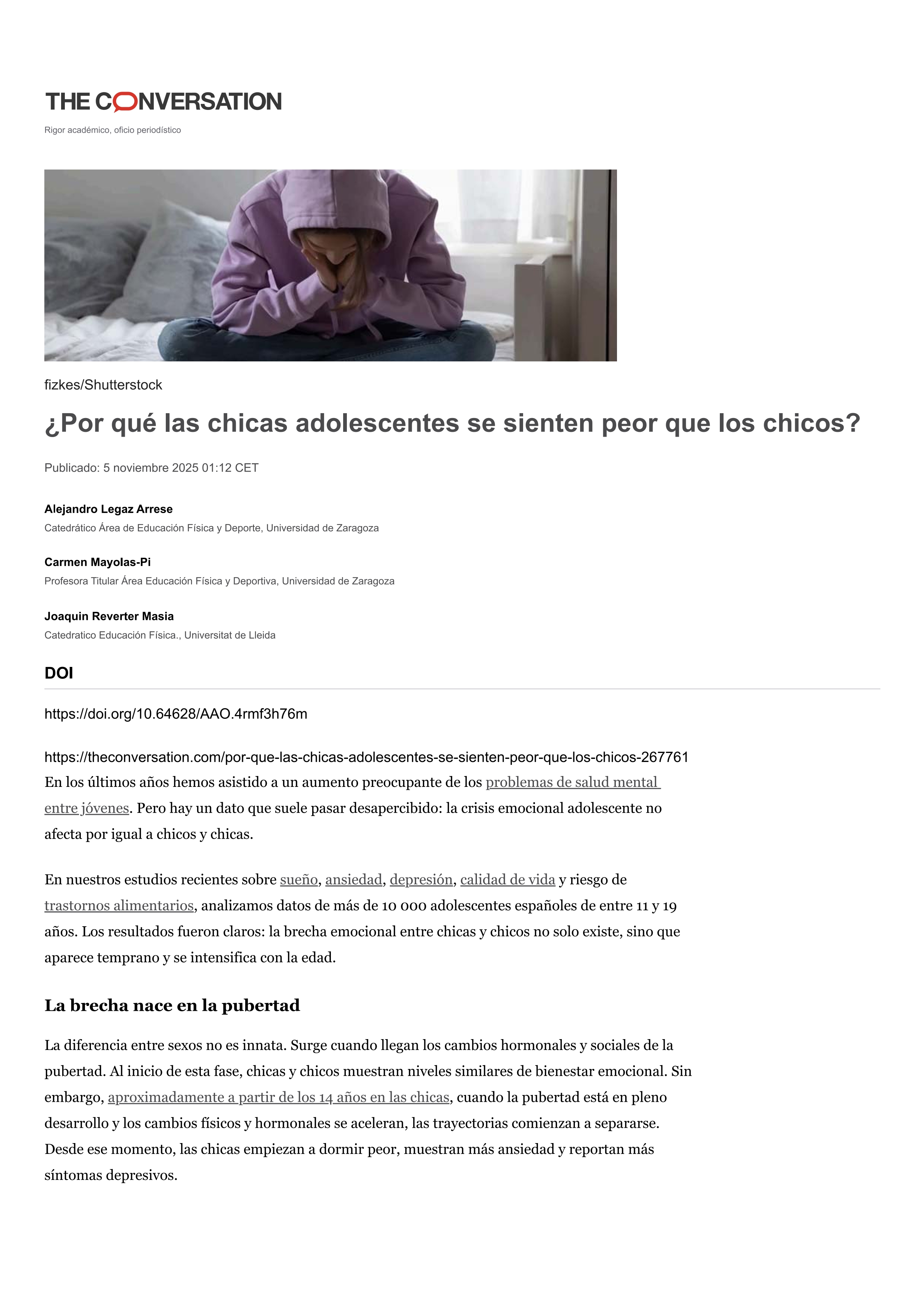 ¿Por qué las chicas adolescentes se sienten peor que los chicos?