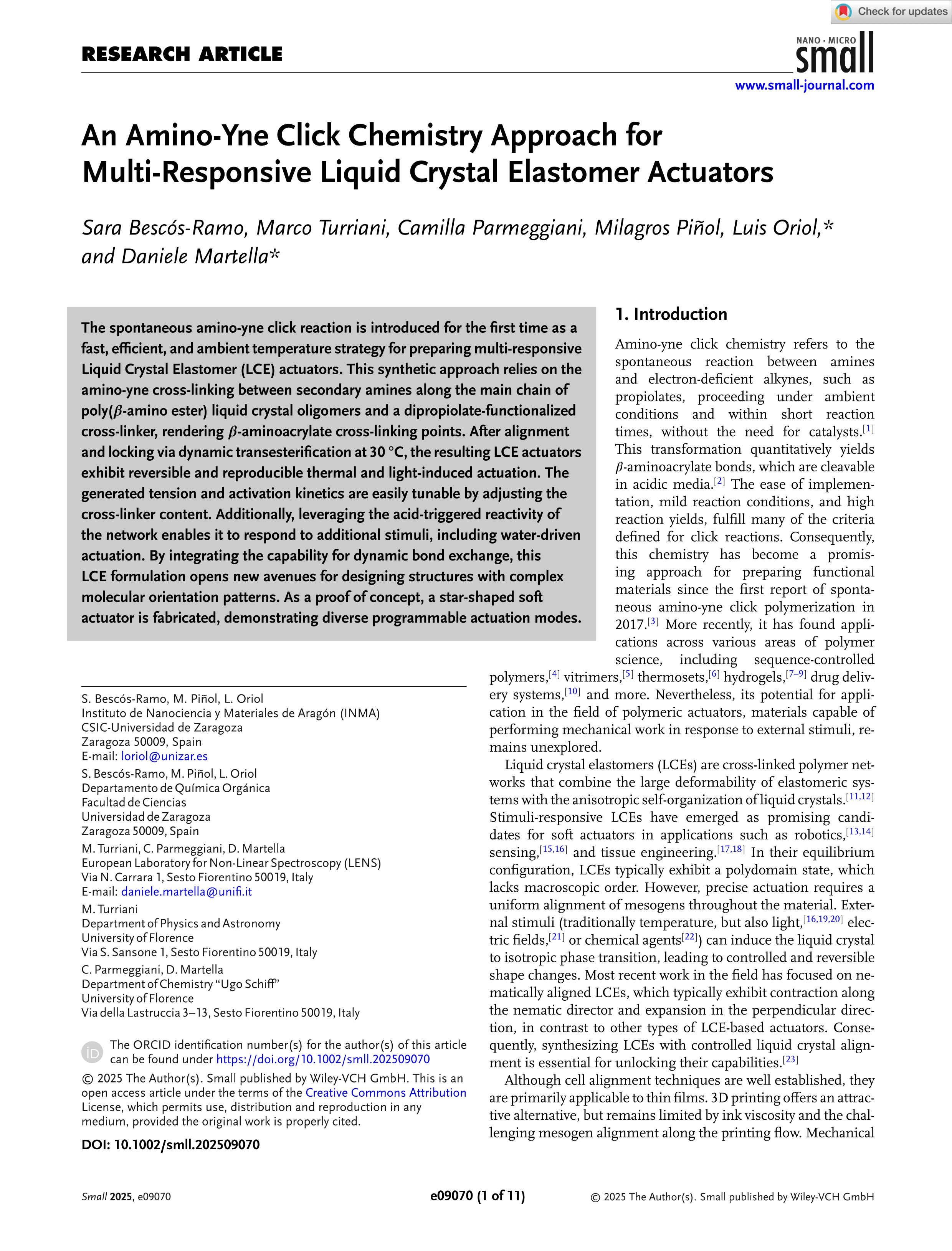 An Amino‐Yne Click Chemistry Approach for Multi‐Responsive Liquid Crystal Elastomer Actuators