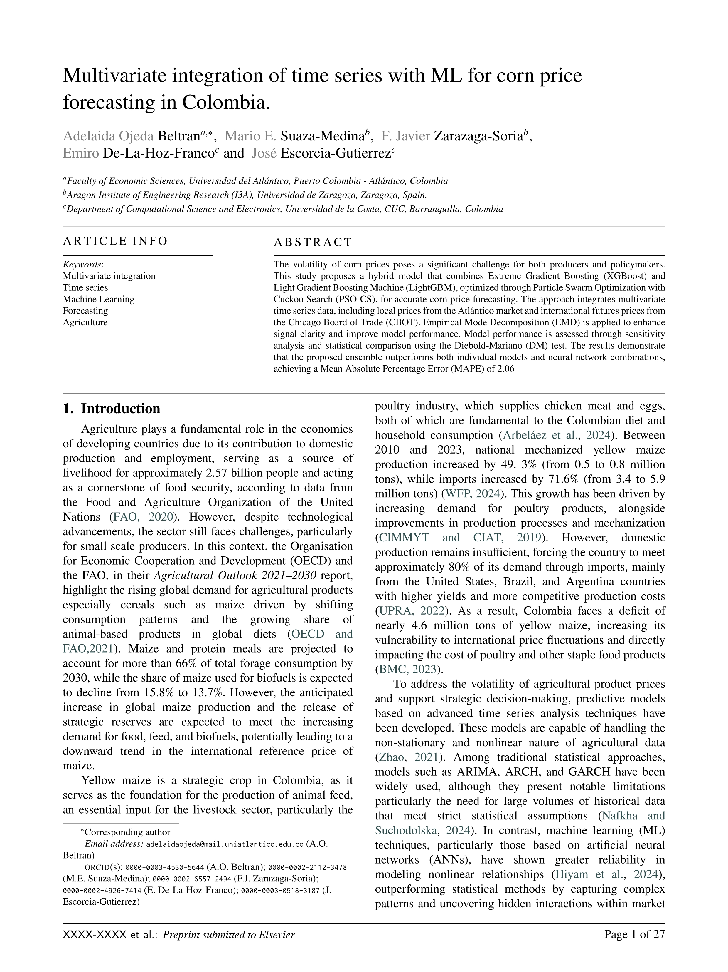 Multivariate integration of time series with ML for corn price forecasting in Colombia