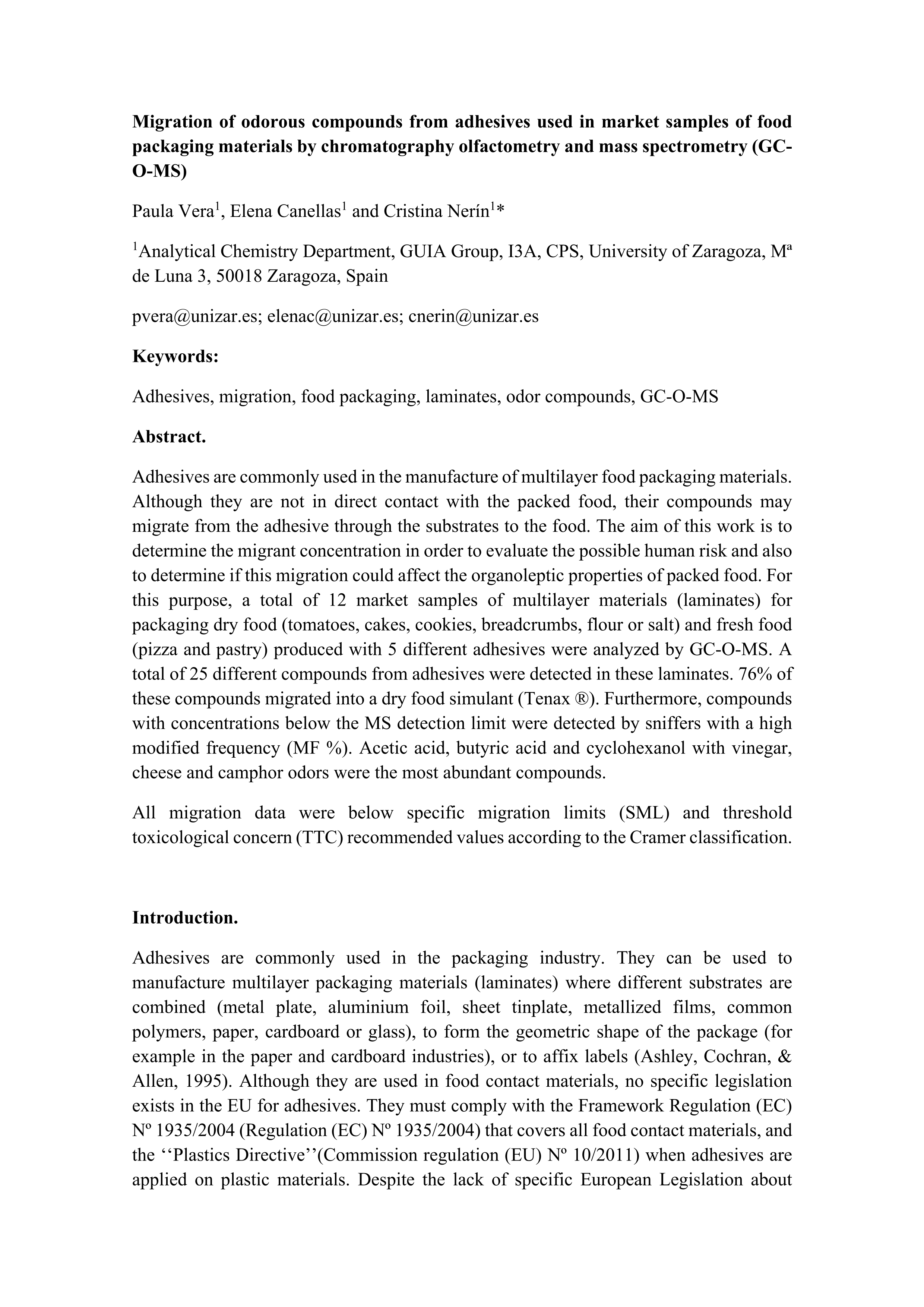 Migration of odorous compounds from adhesives used in market samples of food packaging materials by chromatography olfactometry and mass spectrometry (GC-O-MS)