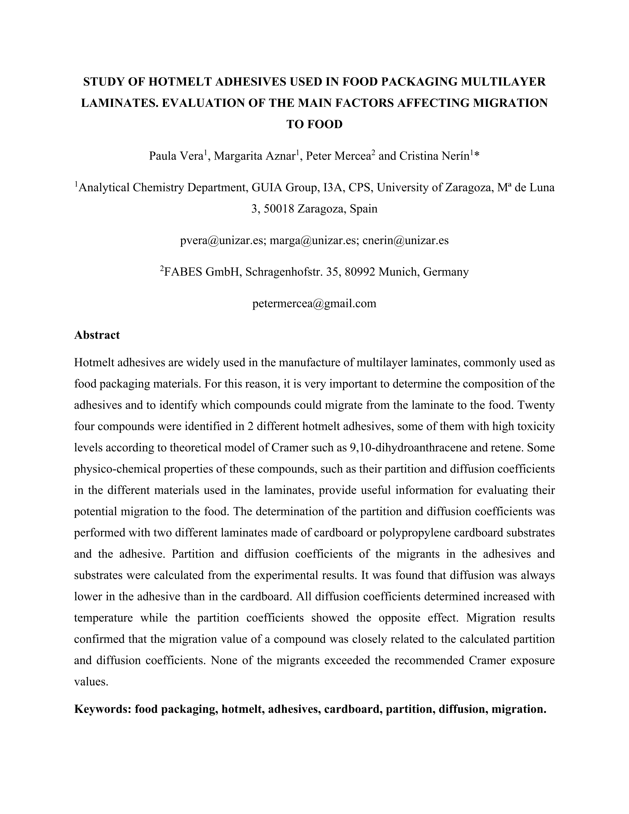 Study of hotmelt adhesives used in food packaging multilayer laminates. Evaluation of the main factors affecting migration to food
