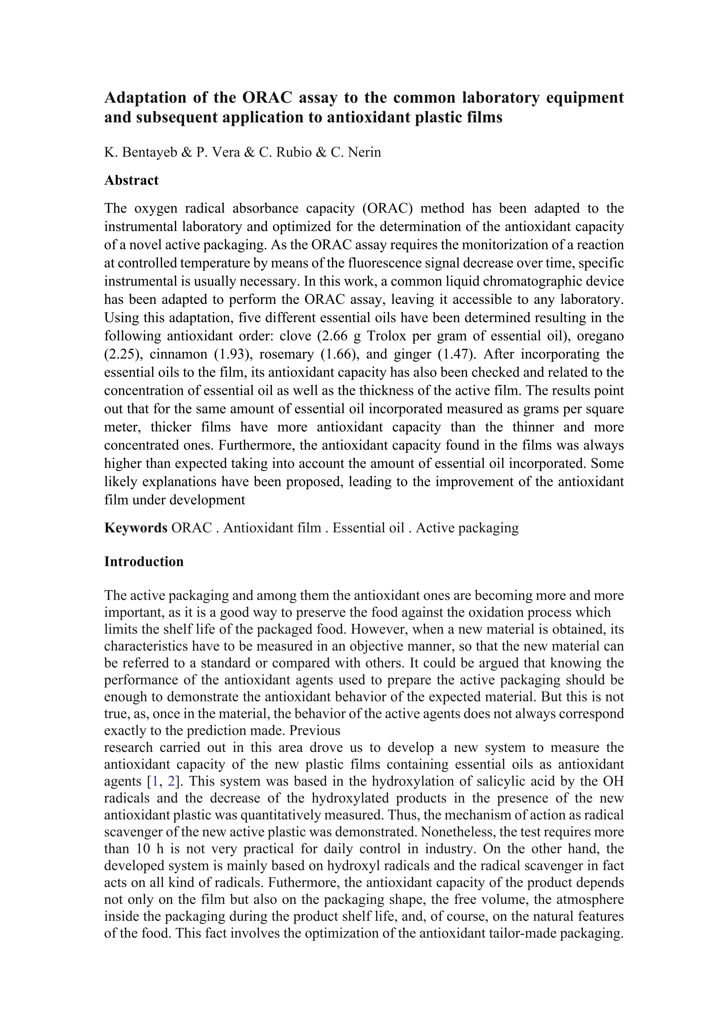 Adaptation of the ORAC assay to the common laboratory equipment and subsequent application to antioxidant plastic films