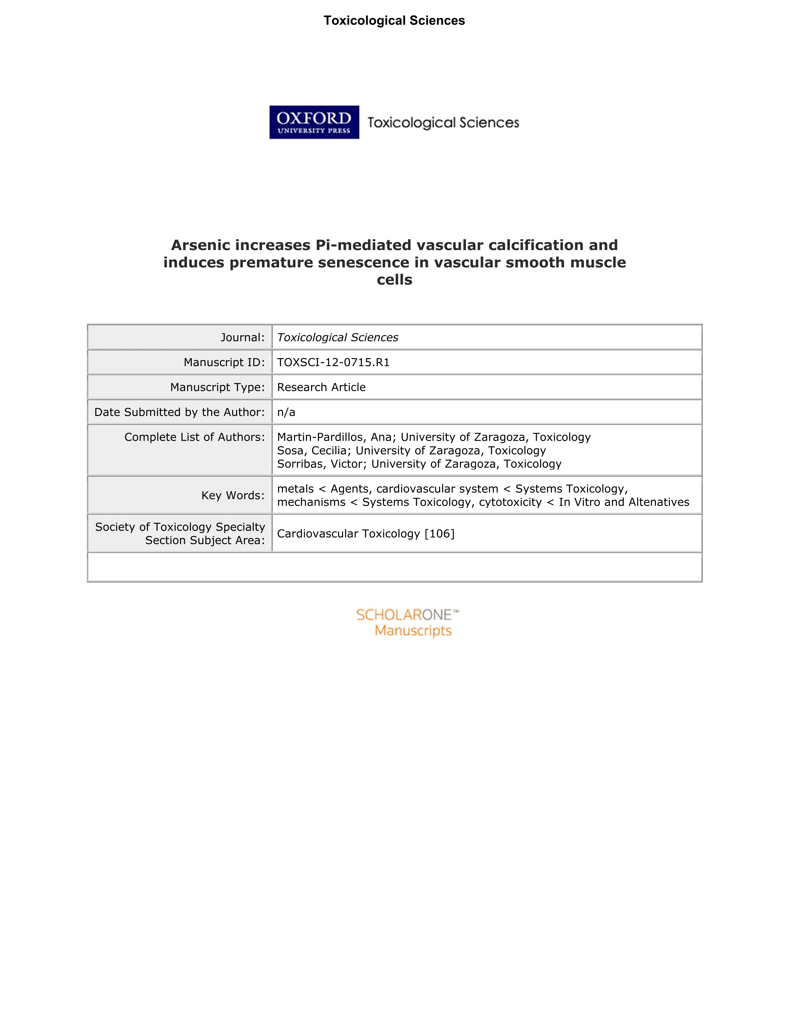 Arsenic increases Pi-mediated vascular calcification and induces premature senescence in vascular smooth muscle cells.