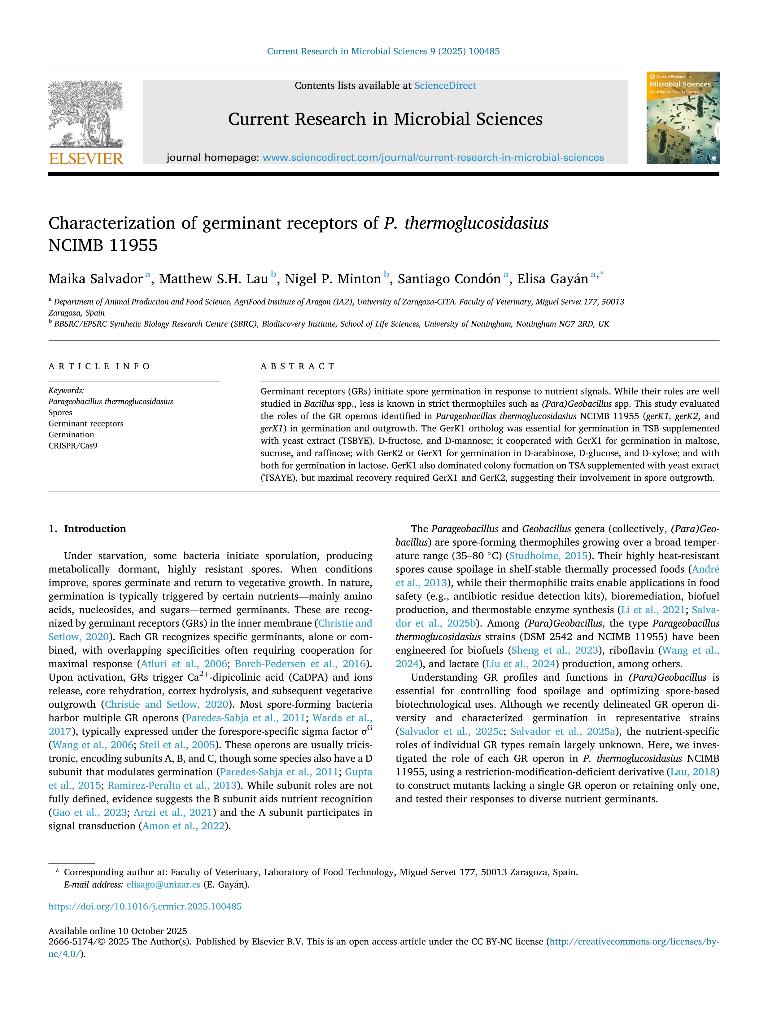 Characterization of germinant receptors of P. thermoglucosidasius NCIMB 11955
