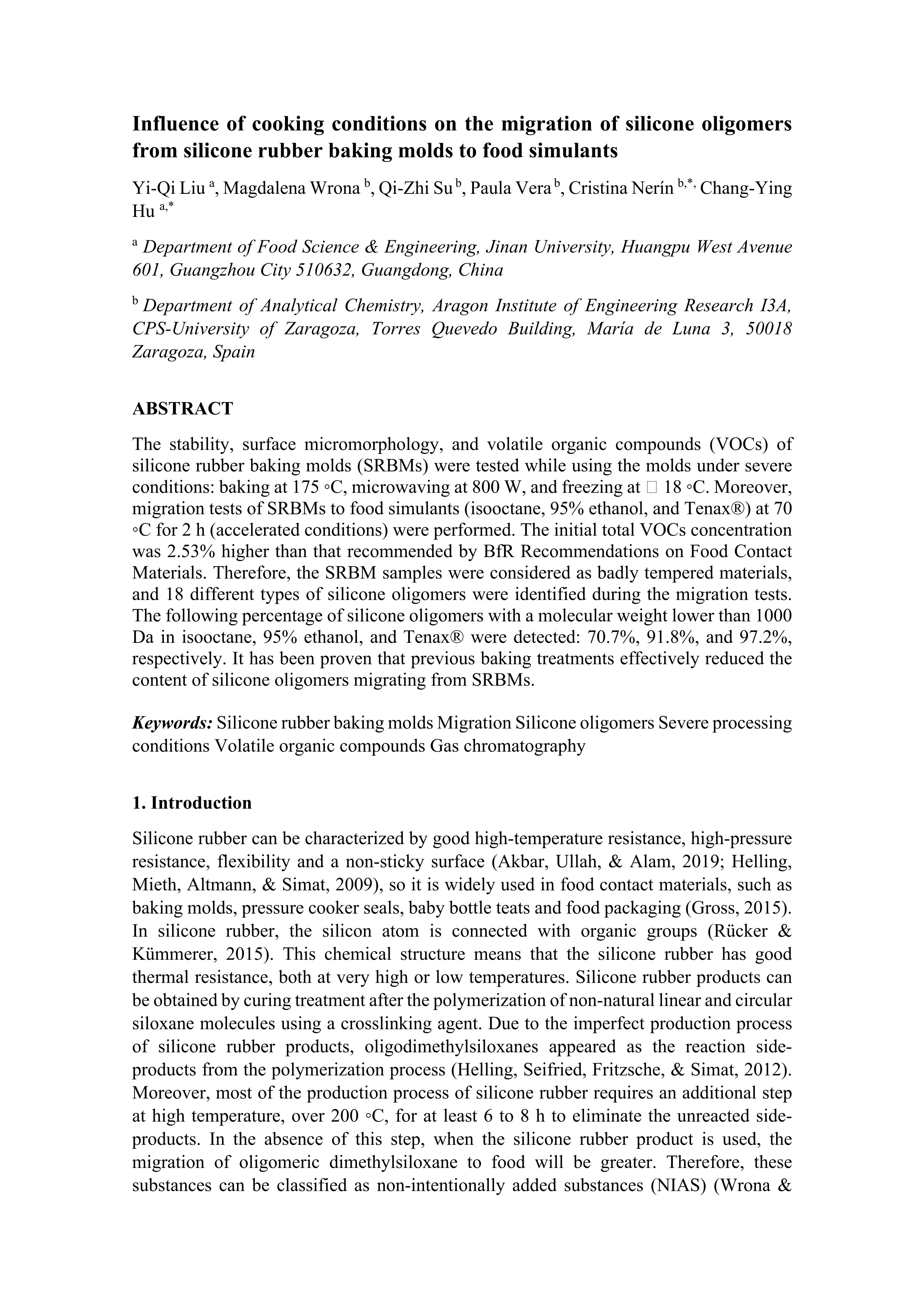 Influence of cooking conditions on the migration of silicone oligomers from silicone rubber baking molds to food simulants