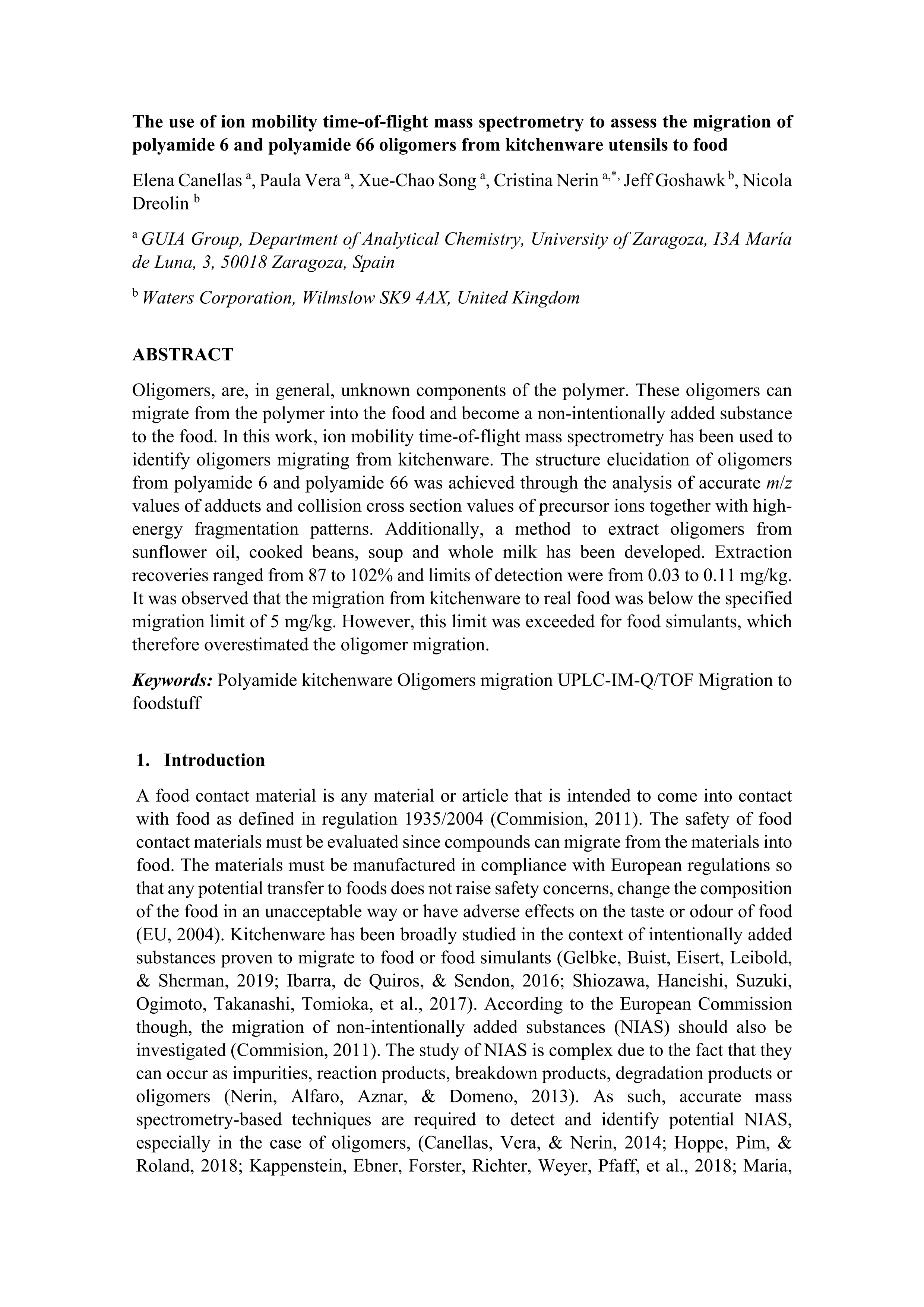 The use of ion mobility time-of-flight mass spectrometry to assess the migration of polyamide 6 and polyamide 66 oligomers from kitchenware utensils to food