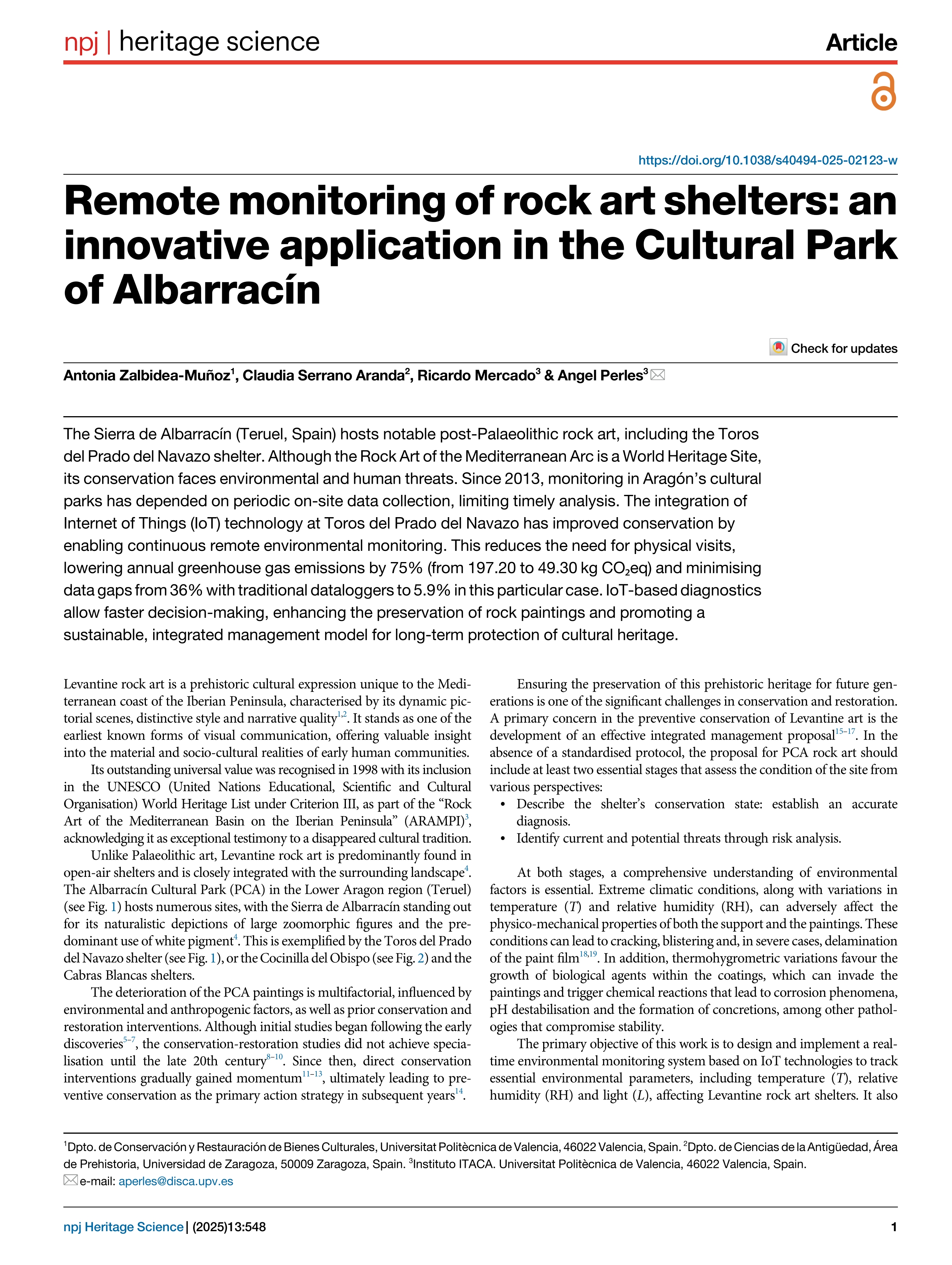 Remote monitoring of rock art shelters: an innovative application in the Cultural Park of Albarracín