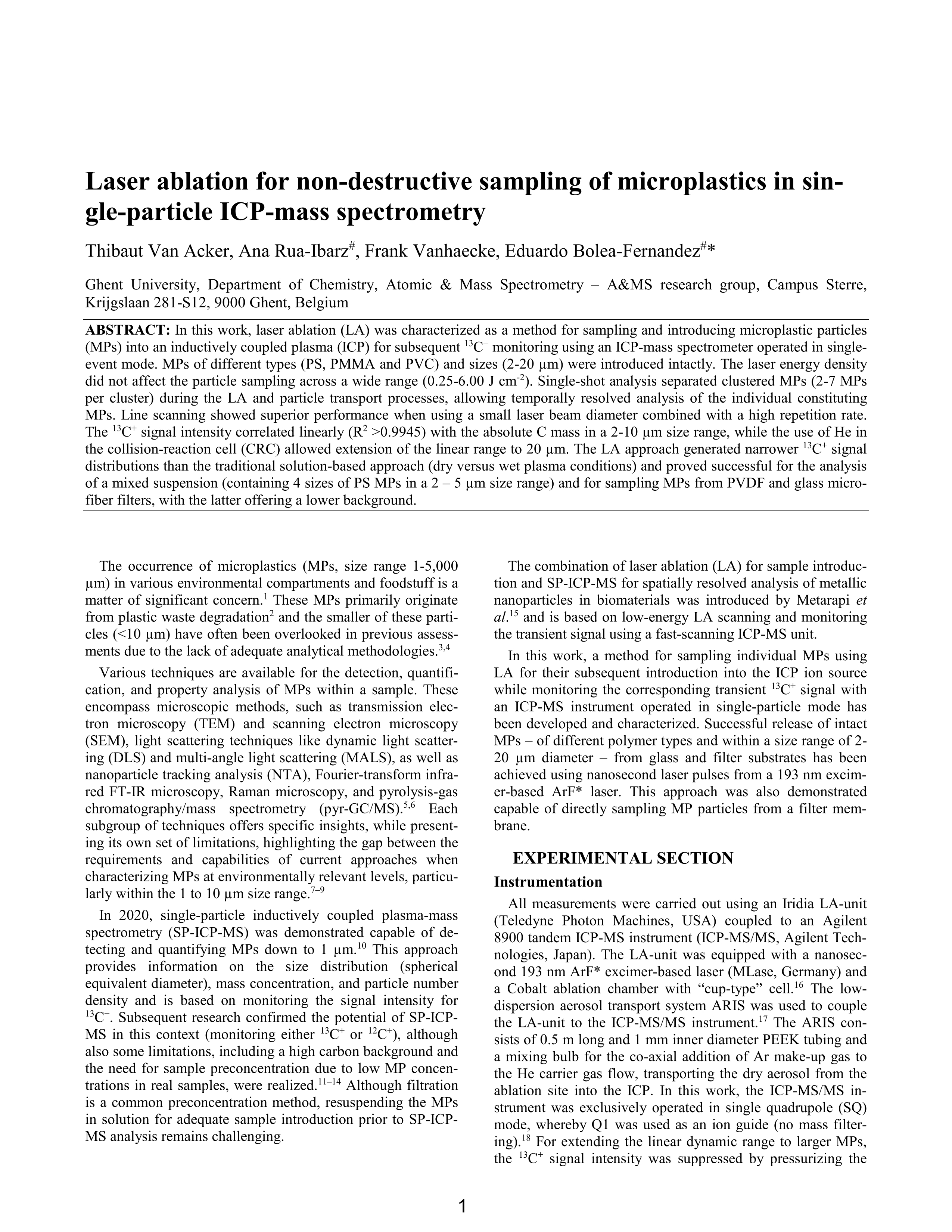 Laser Ablation for Nondestructive Sampling of Microplastics in Single-Particle ICP-Mass Spectrometry