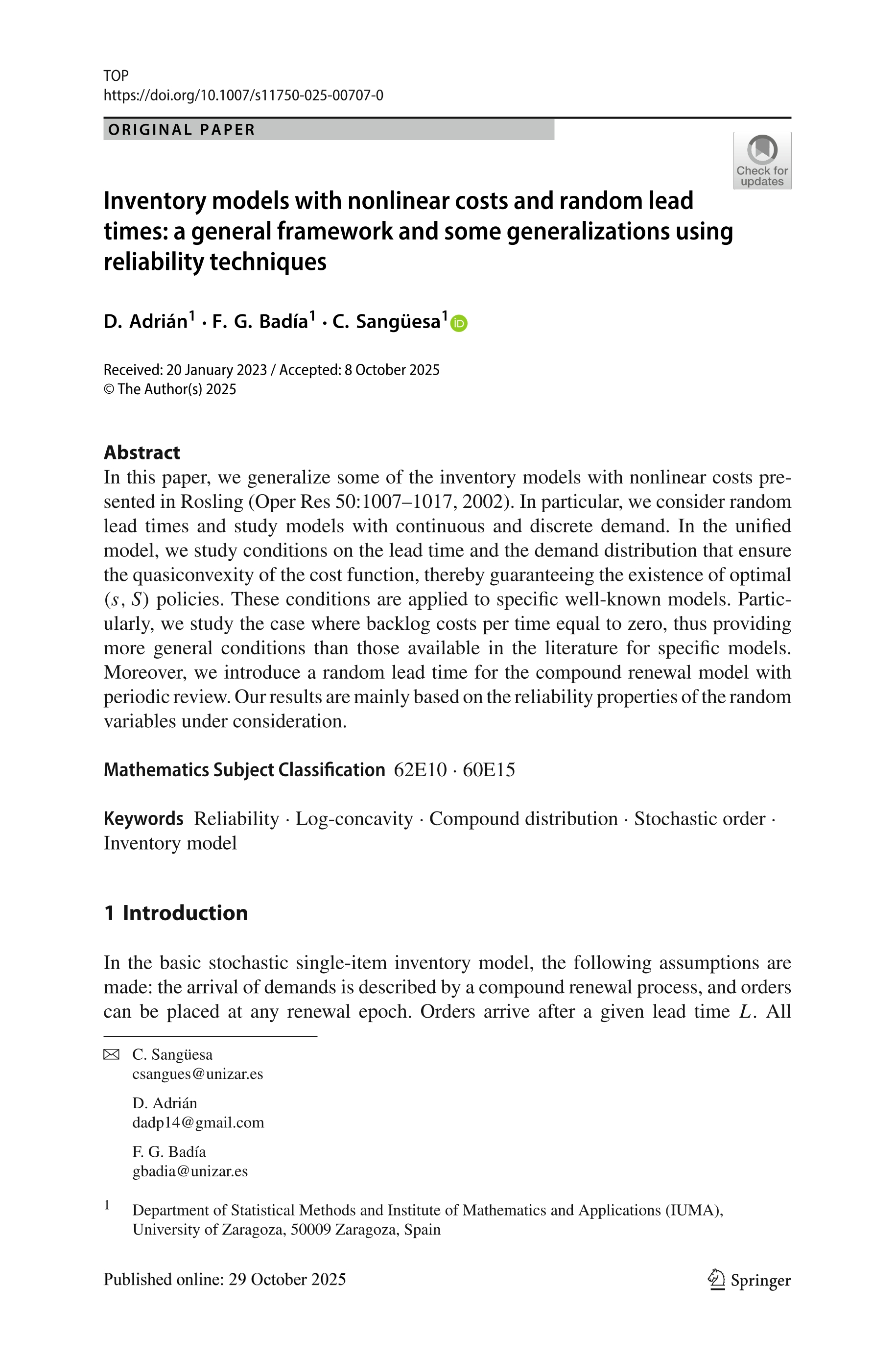 Inventory models with nonlinear costs and random lead times: a general framework and some generalizations using reliability techniques