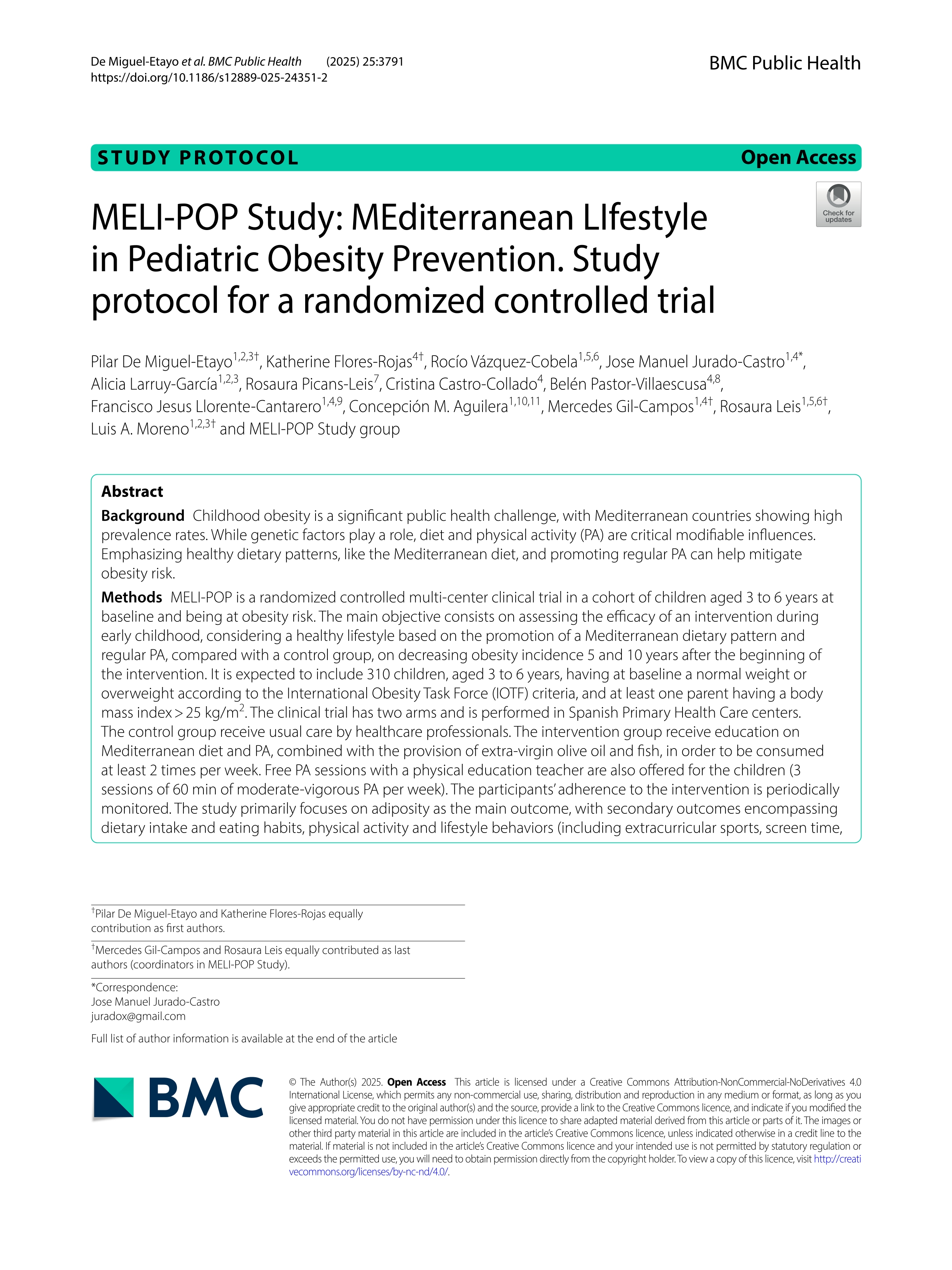 MELI-POP Study: MEditerranean LIfestyle in Pediatric Obesity Prevention. Study protocol for a randomized controlled trial