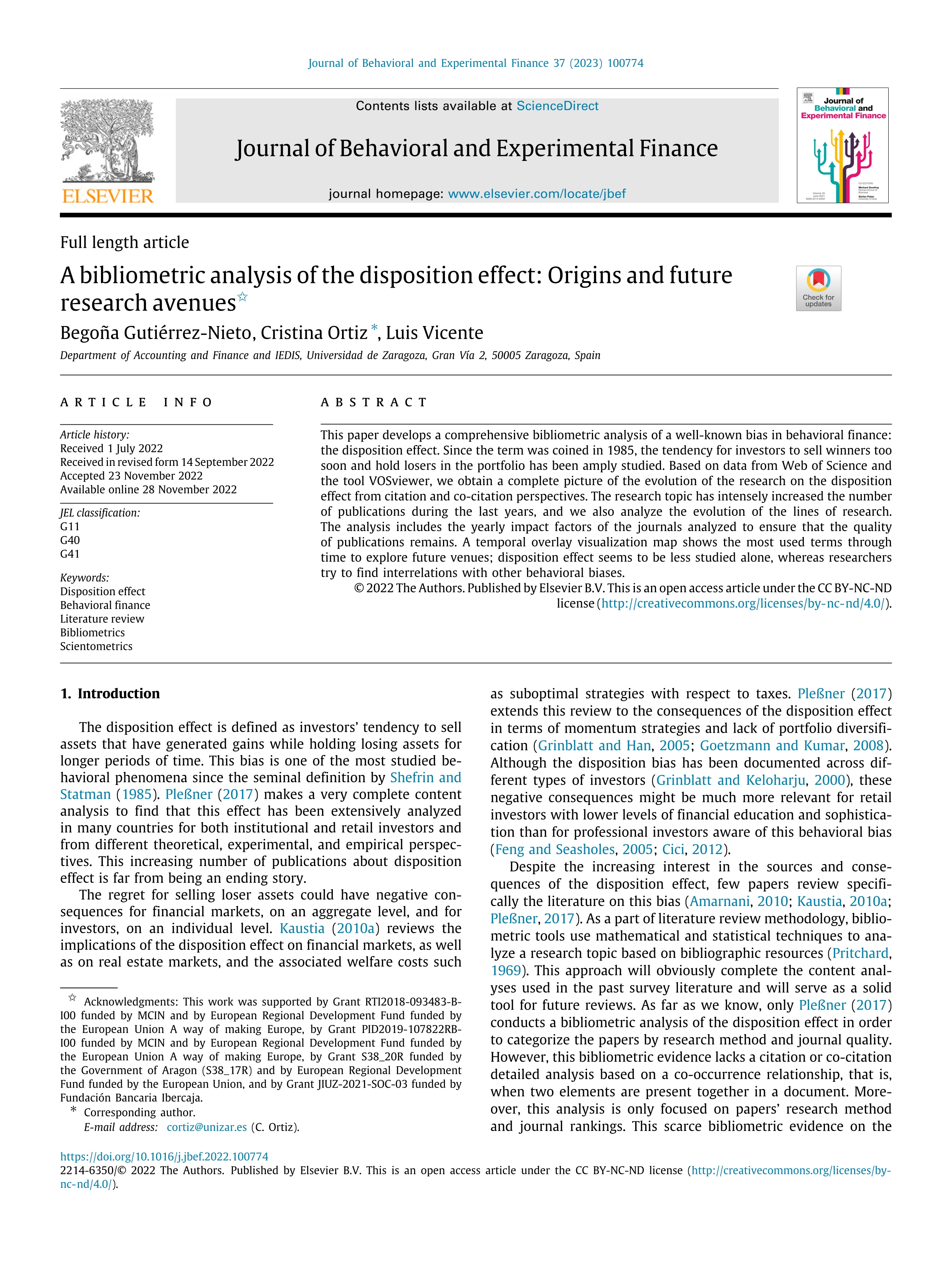 A bibliometric analysis of the disposition effect: Origins and future research avenues