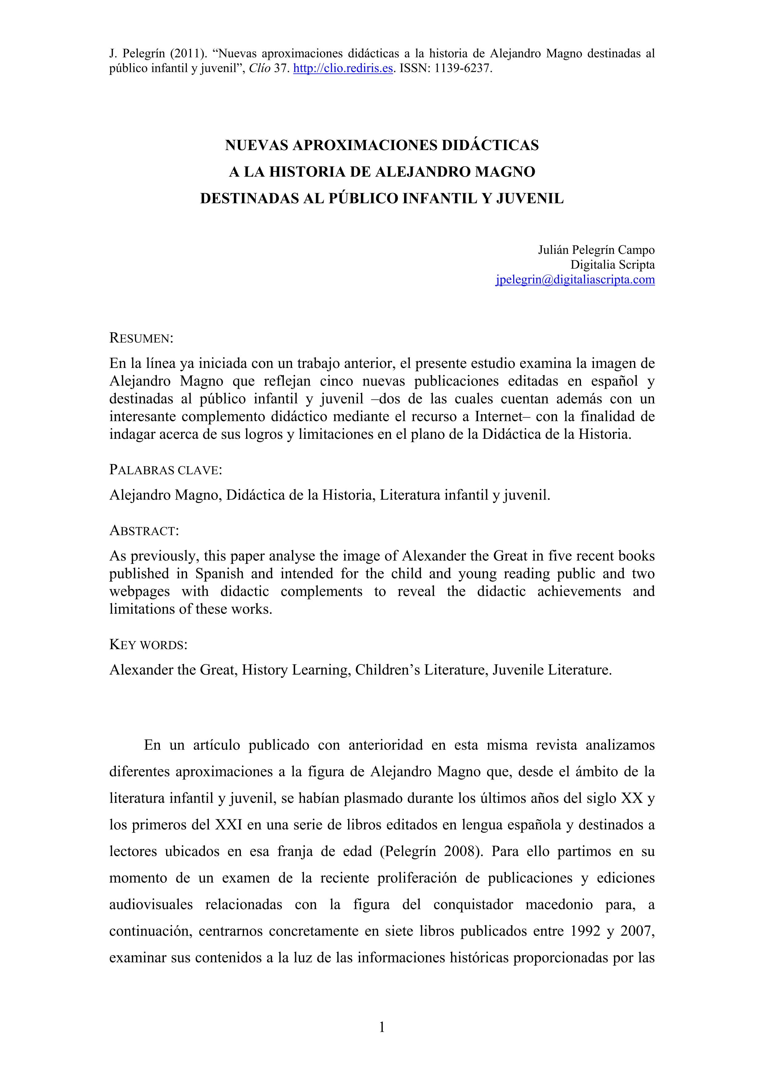 Nuevas aproximaciones didácticas a la historia de Alejandro Magno destinadas al público infantil y juvenil