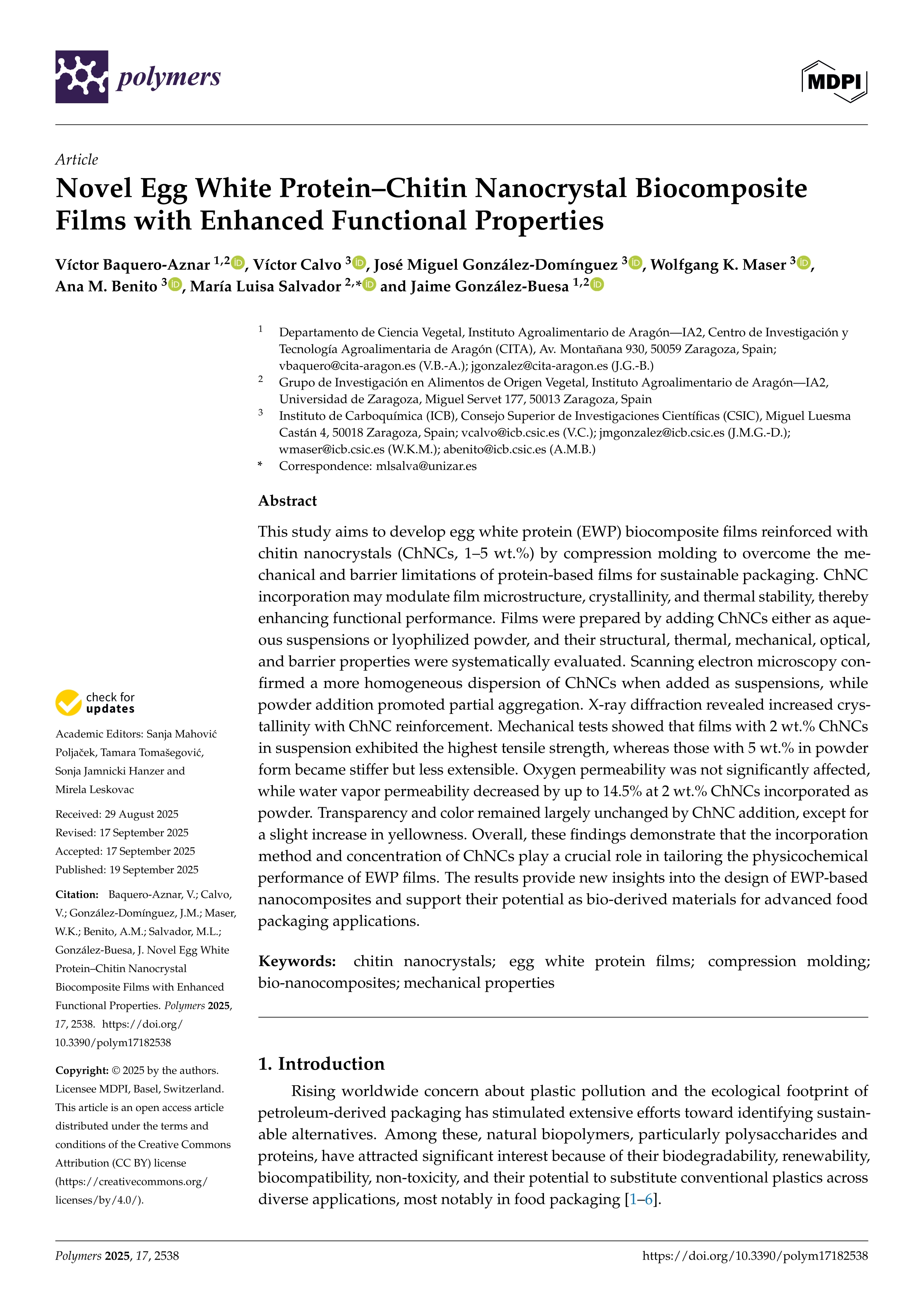 Novel Egg White Protein–Chitin Nanocrystal Biocomposite Films with Enhanced Functional Properties