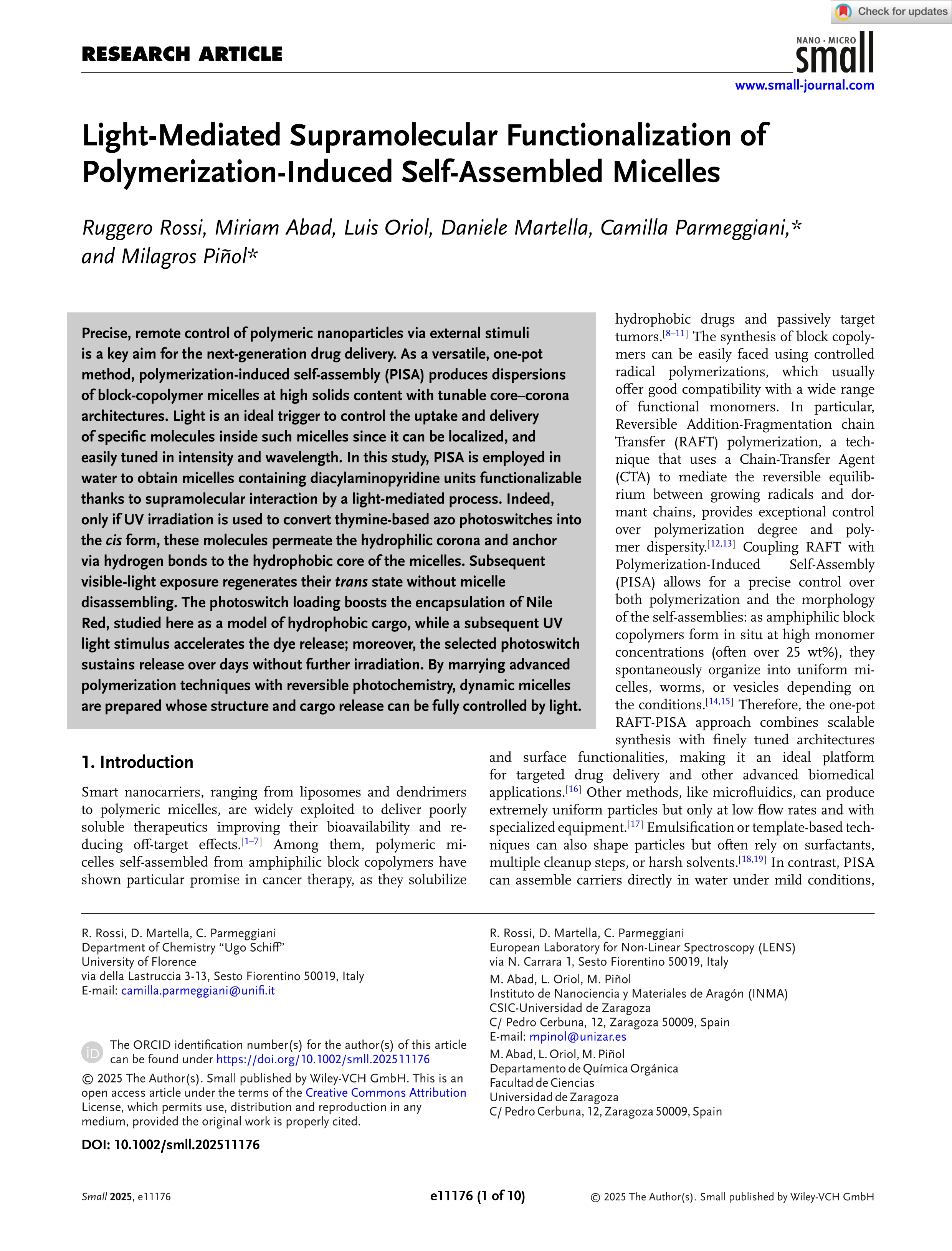 Light‐mediated supramolecular functionalization of polymerization‐induced self‐assembled micelles