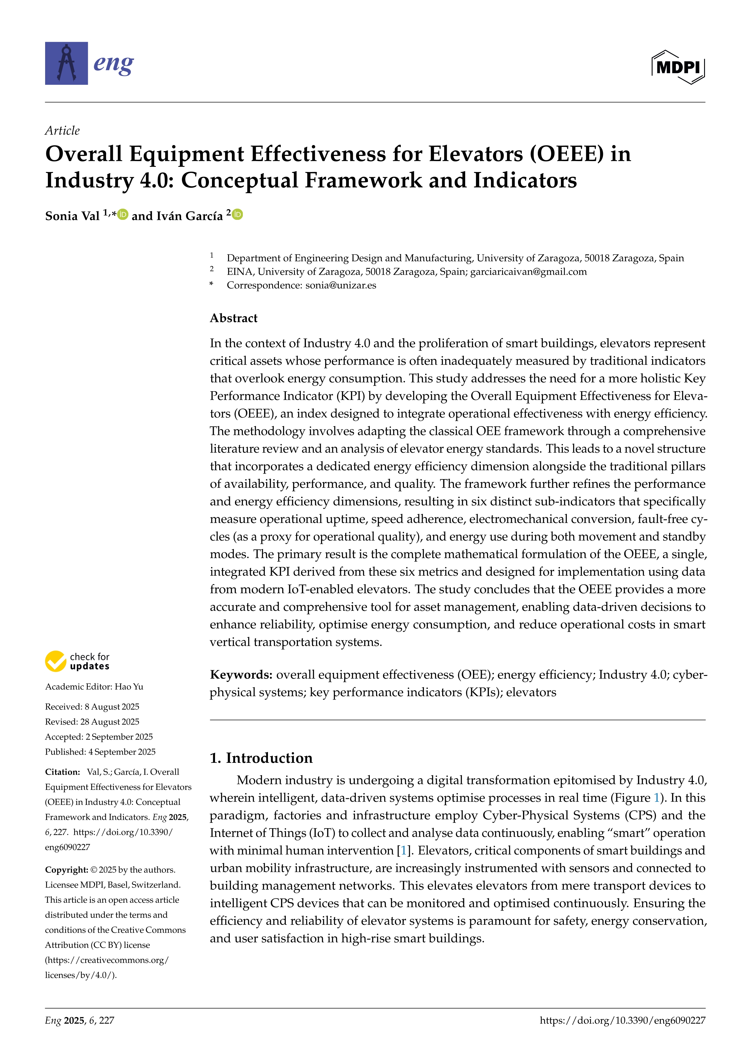 Overall Equipment Effectiveness for Elevators (OEEE) in Industry 4.0: Conceptual Framework and Indicators