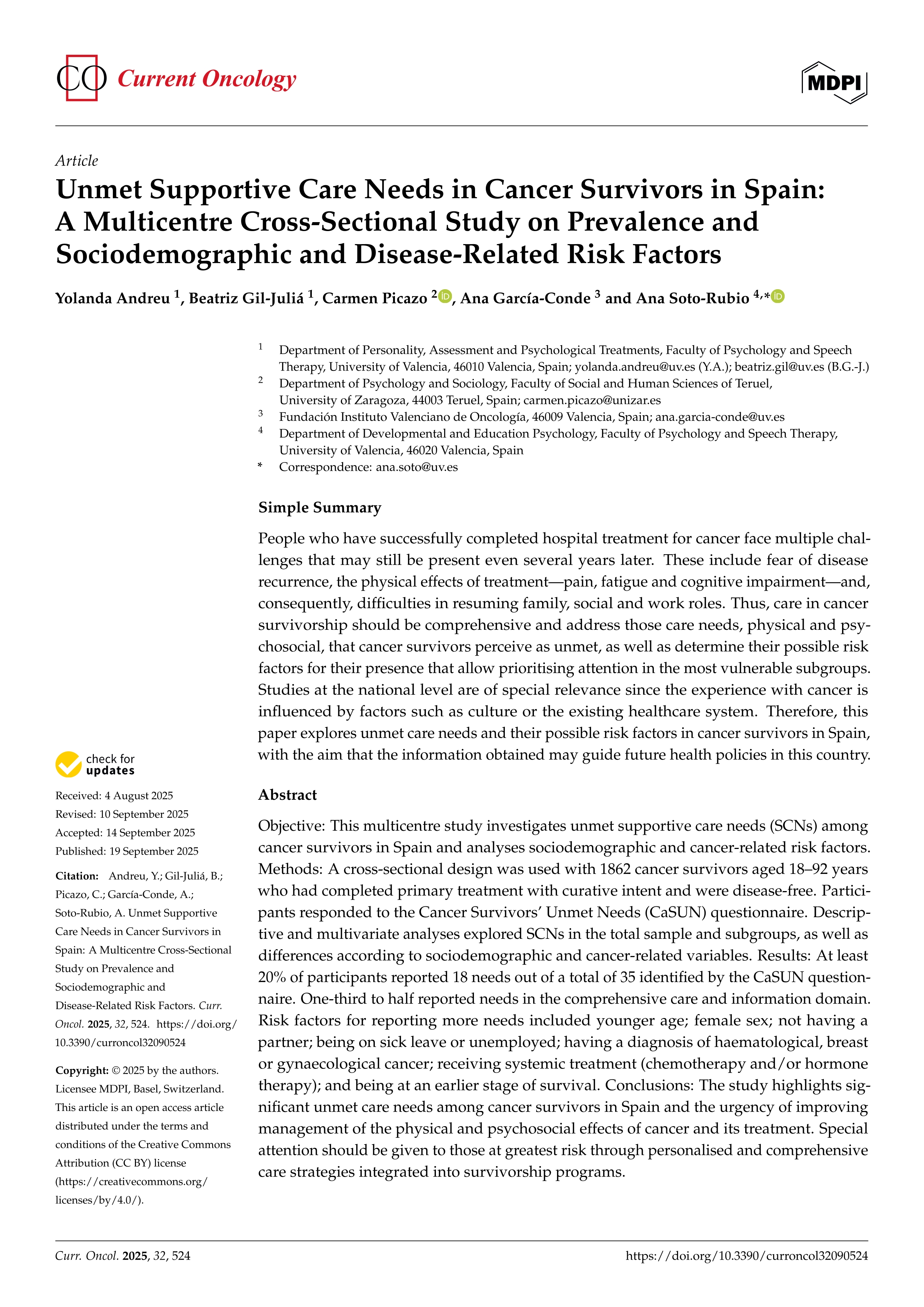 Unmet Supportive Care Needs in Cancer Survivors in Spain: A Multicentre Cross-Sectional Study on Prevalence and Sociodemographic and Disease-Related Risk Factors