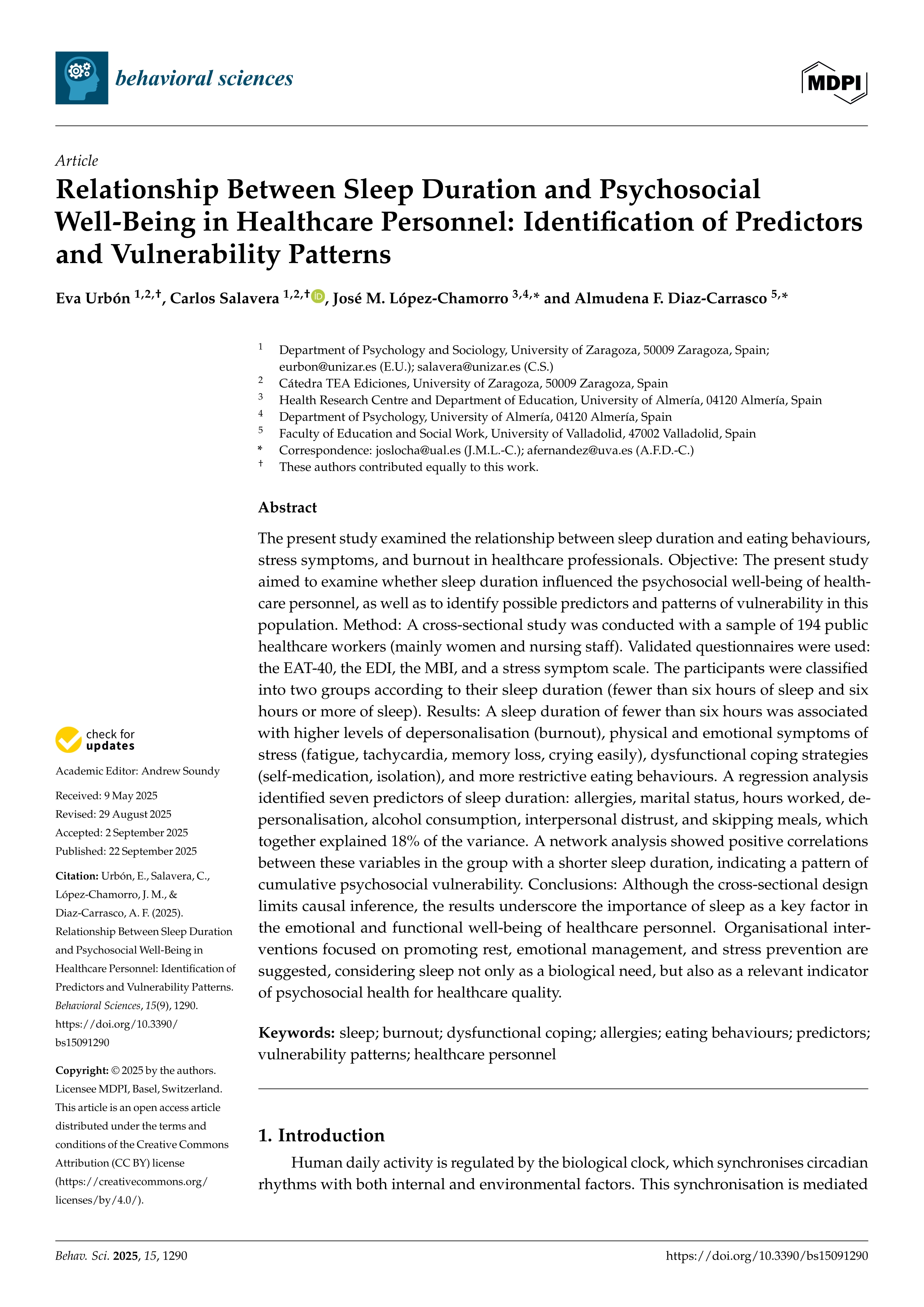 Relationship Between Sleep Duration and Psychosocial Well-Being in Healthcare Personnel: Identification of Predictors and Vulnerability Patterns