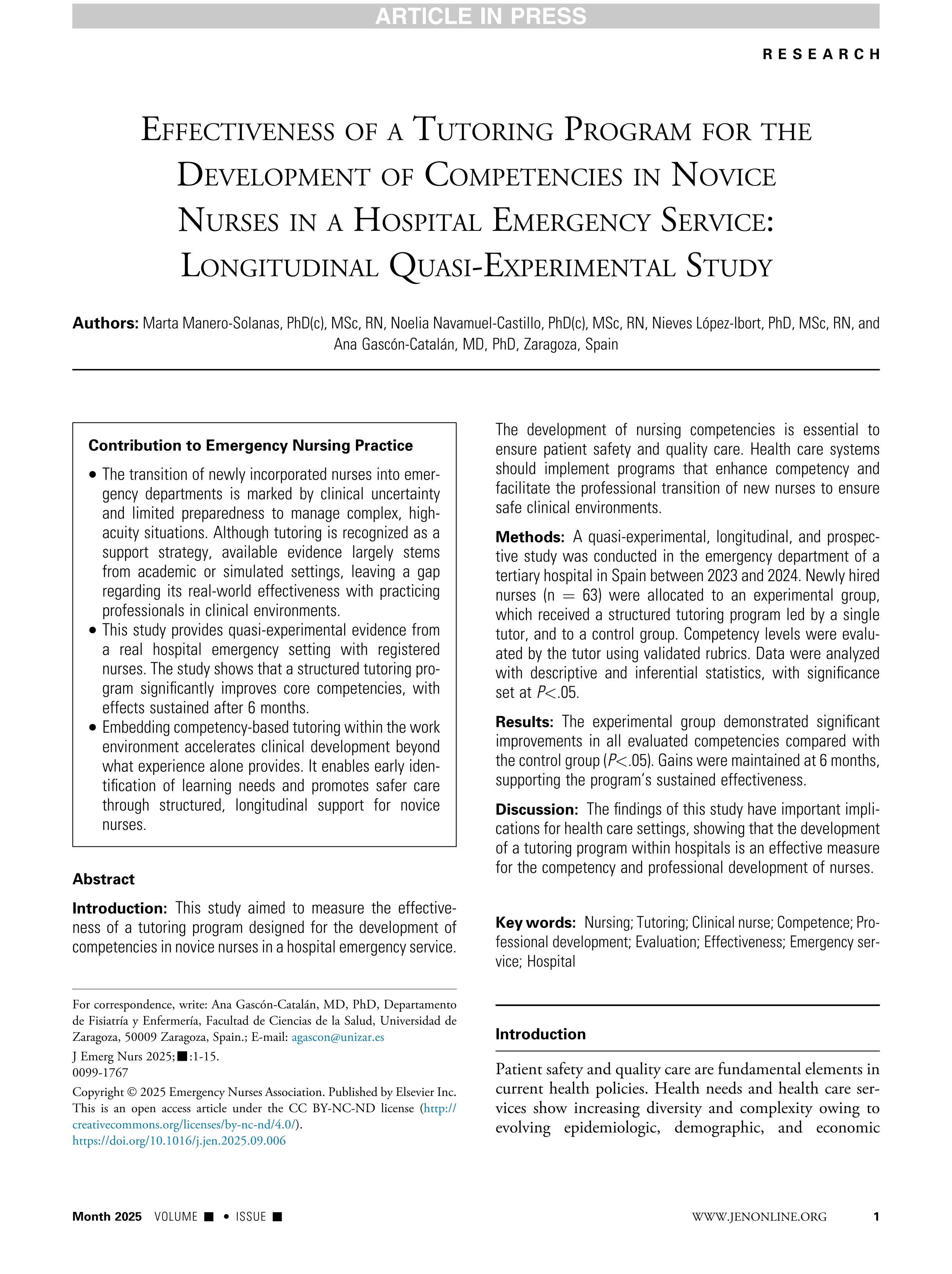 Effectiveness of a Tutoring Program for the Development of Competencies in Novice Nurses in a Hospital Emergency Service: Longitudinal Quasi-Experimental Study