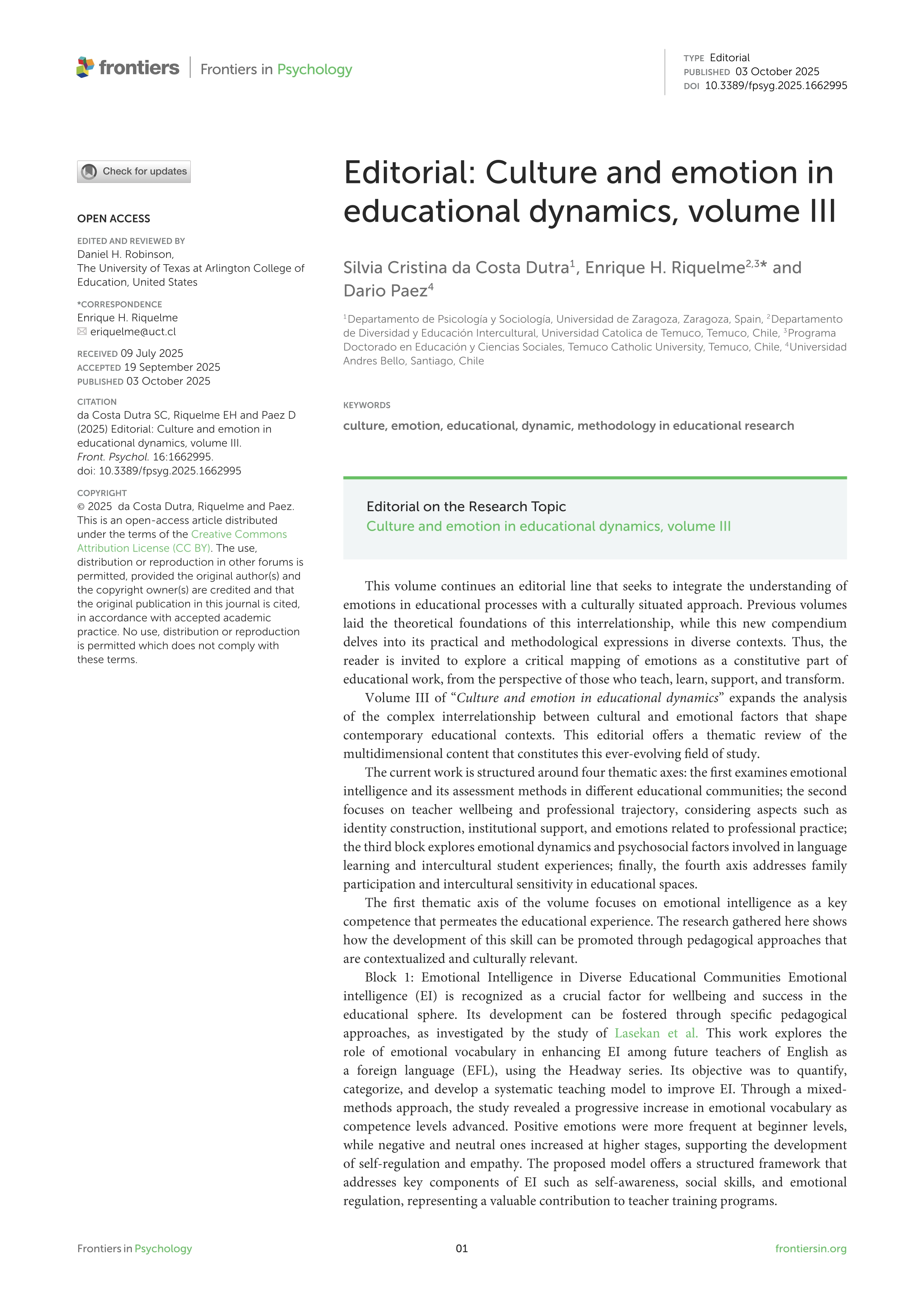 Editorial: Culture and emotion in educational dynamics, volume III