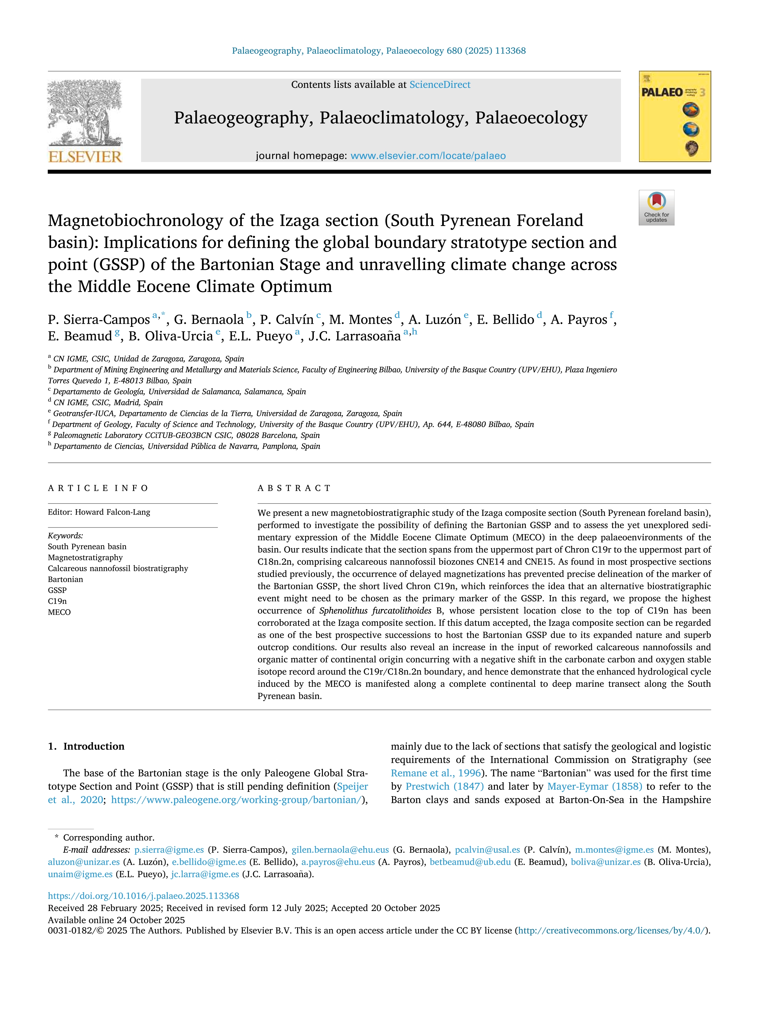 Magnetobiochronology of the Izaga section (South Pyrenean Foreland basin): Implications for defining the global boundary stratotype section and point (GSSP) of the Bartonian Stage and unravelling climate change across the Middle Eocene Climate Optimum