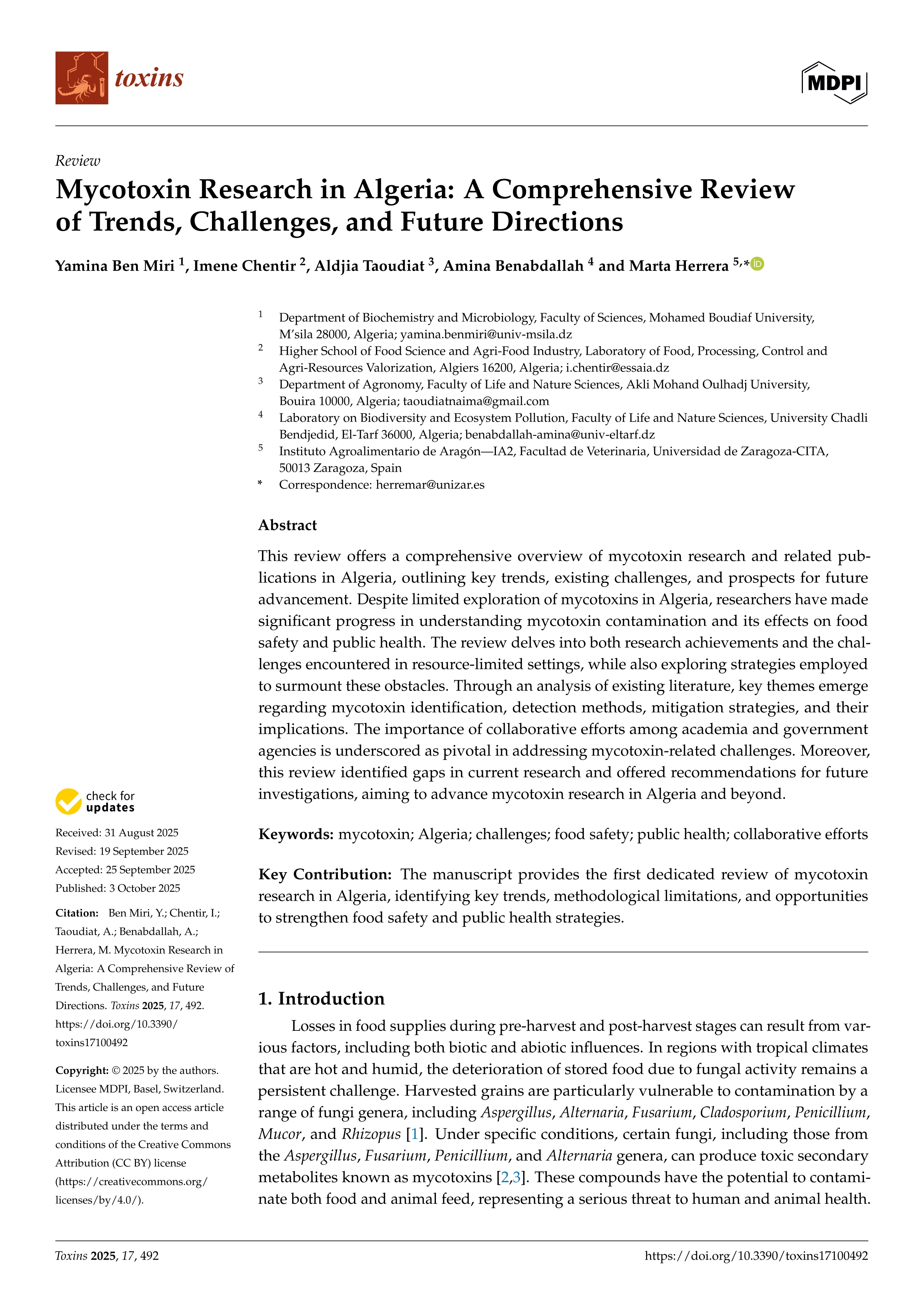 Mycotoxin Research in Algeria: A Comprehensive Review of Trends, Challenges, and Future Directions