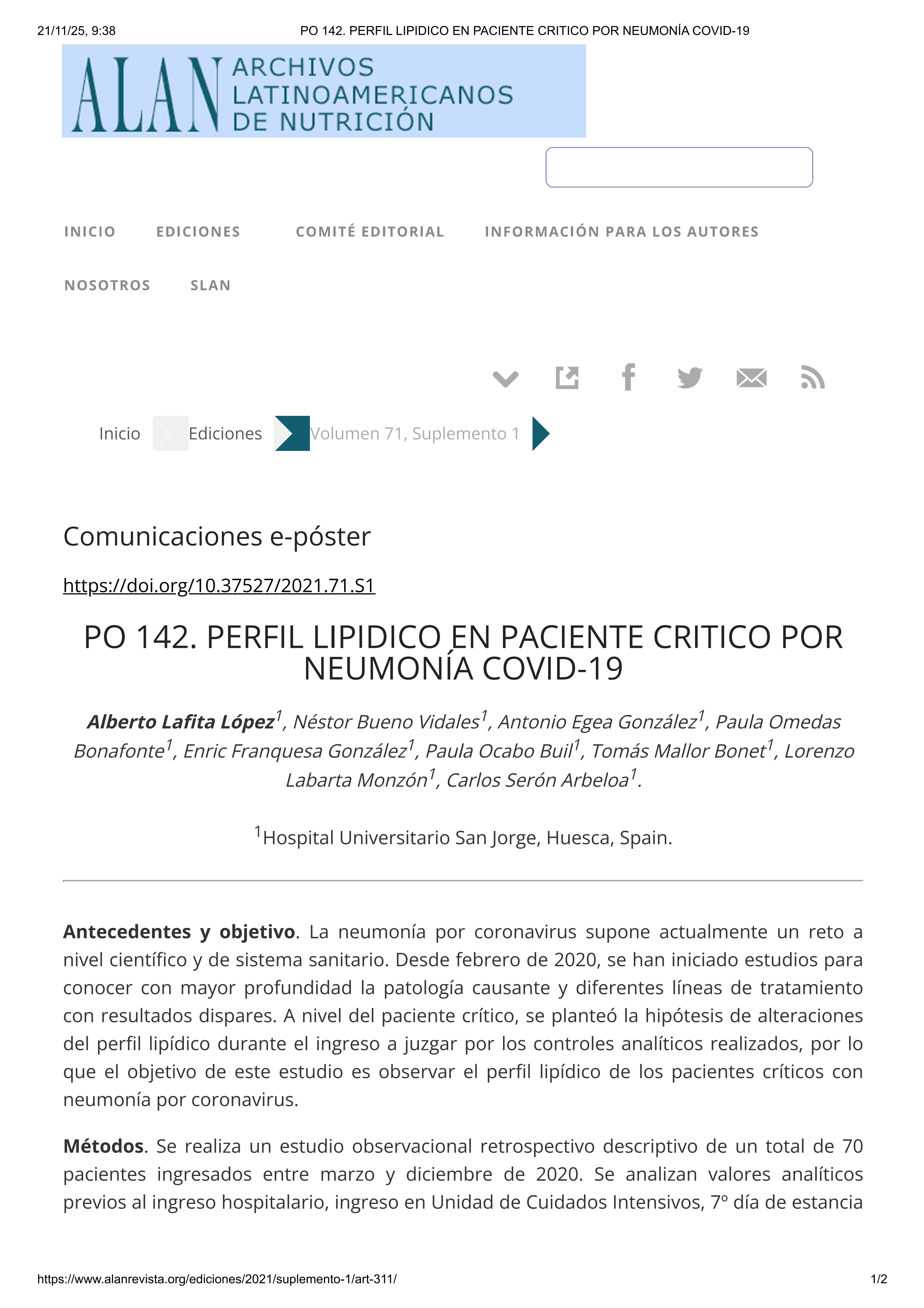 Perfil lipidico en paciente critico por neumonía covid-19