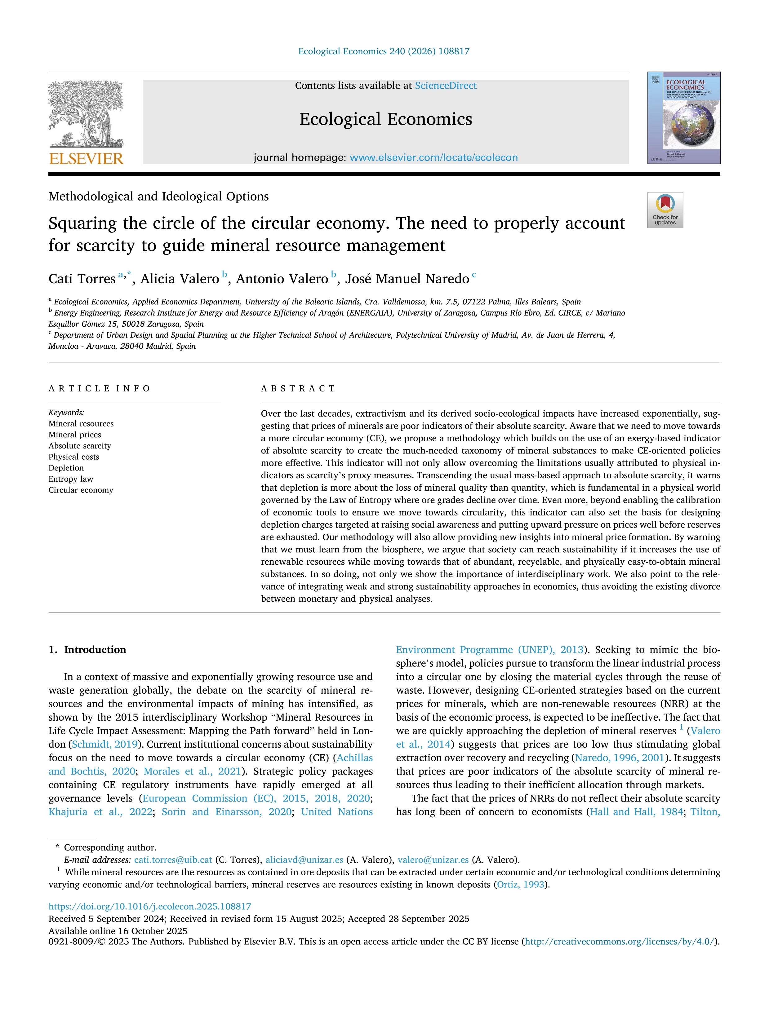 Squaring the circle of the circular economy. The need to properly account for scarcity to guide mineral resource management