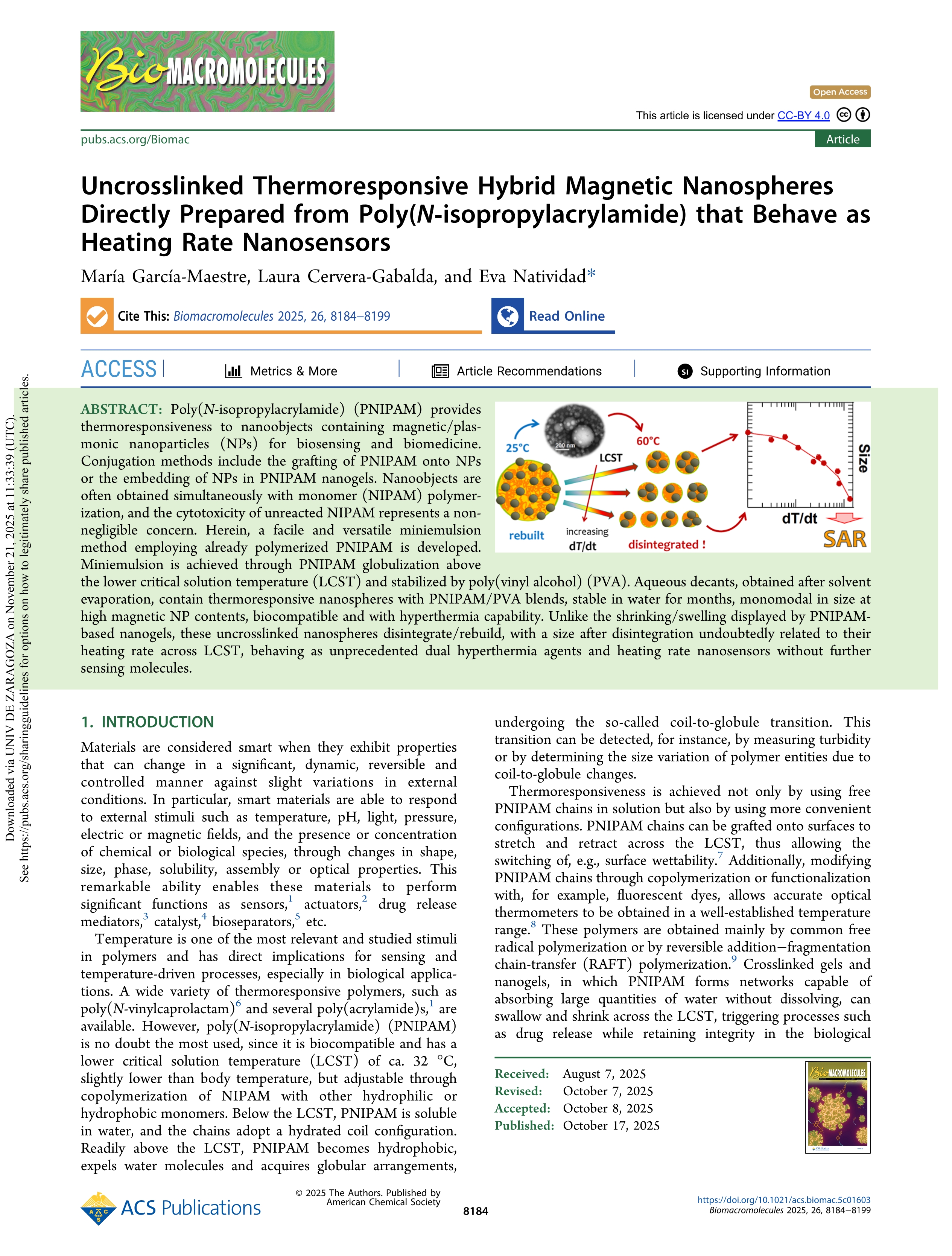 Uncrosslinked Thermoresponsive Hybrid Magnetic Nanospheres Directly Prepared from Poly(                    <i>N</i>                    -isopropylacrylamide) that Behave as Heating Rate Nanosensors
