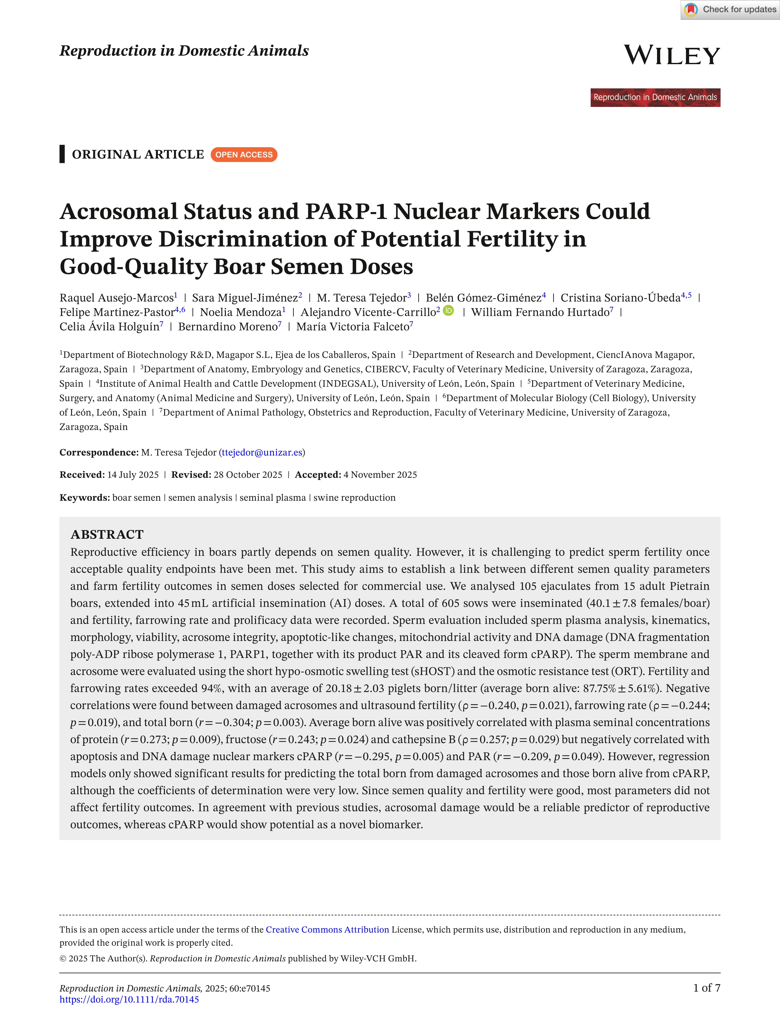 Acrosomal Status and PARP-1 Nuclear Markers Could Improve Discrimination of Potential Fertility in Good‐Quality Boar Semen Doses