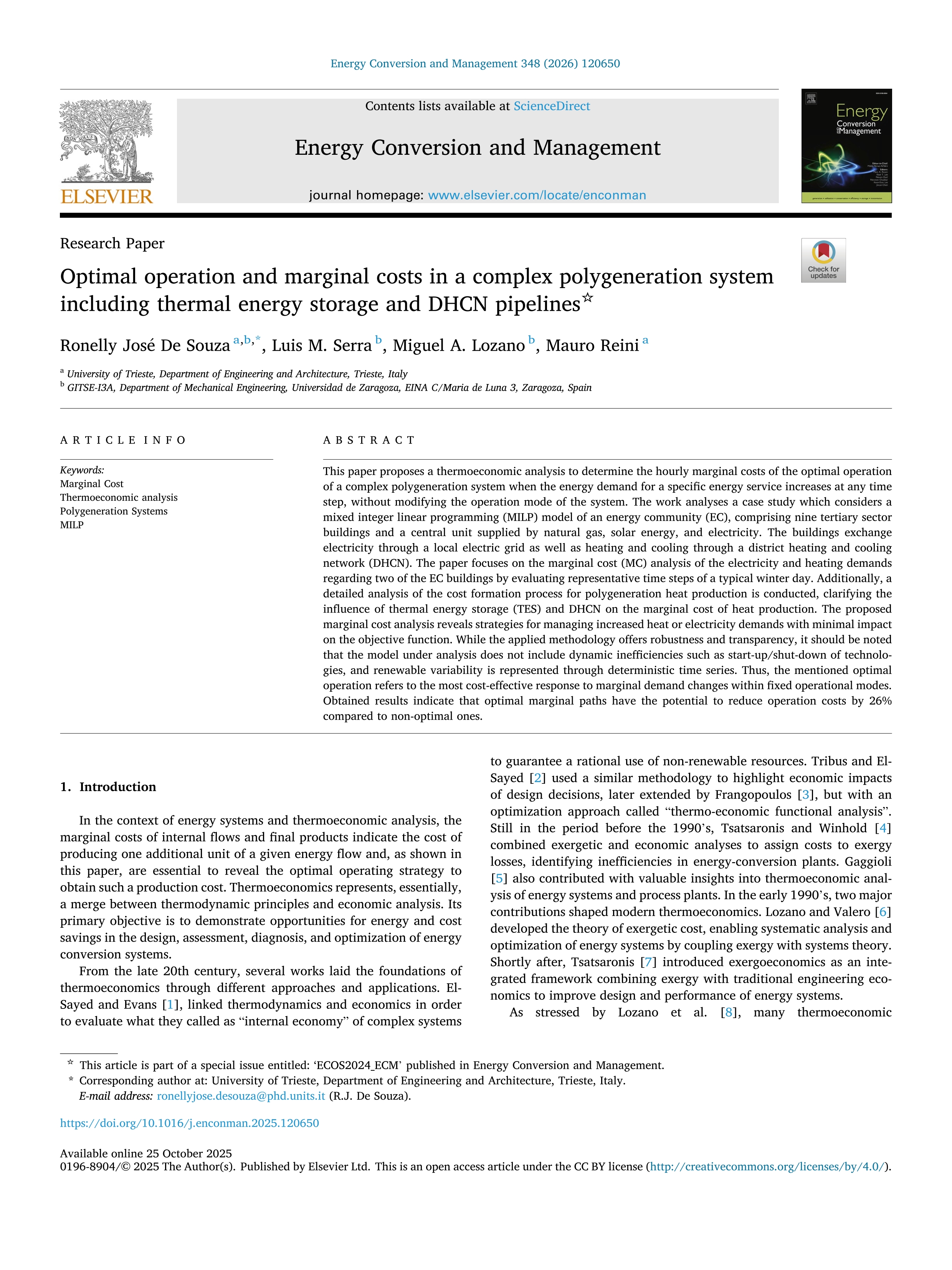 Optimal operation and marginal costs in a complex polygeneration system including thermal energy storage and DHCN pipelines