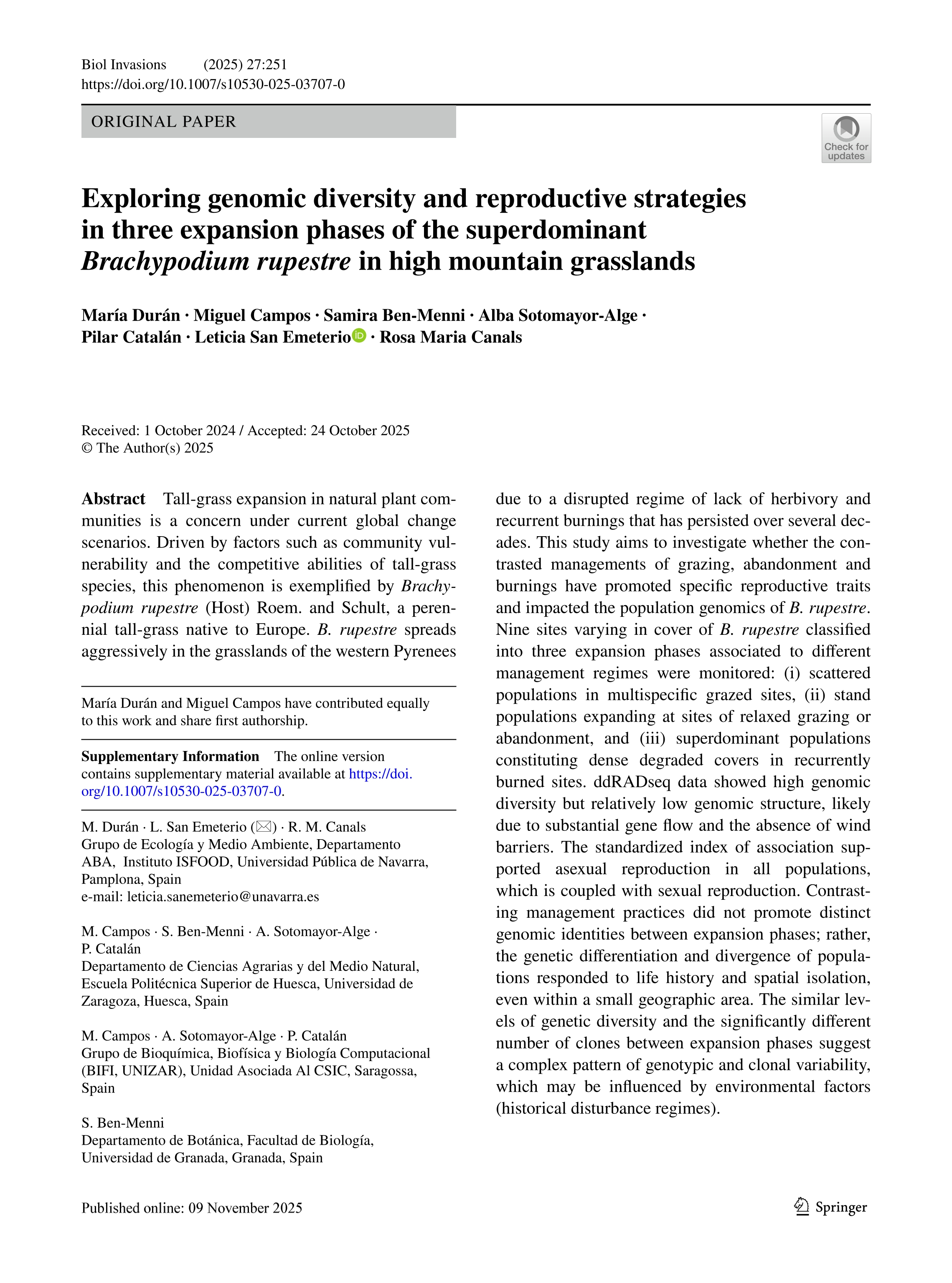 Exploring genomic diversity and reproductive strategies in three expansion phases of the superdominant Brachypodium rupestre in high mountain grasslands
