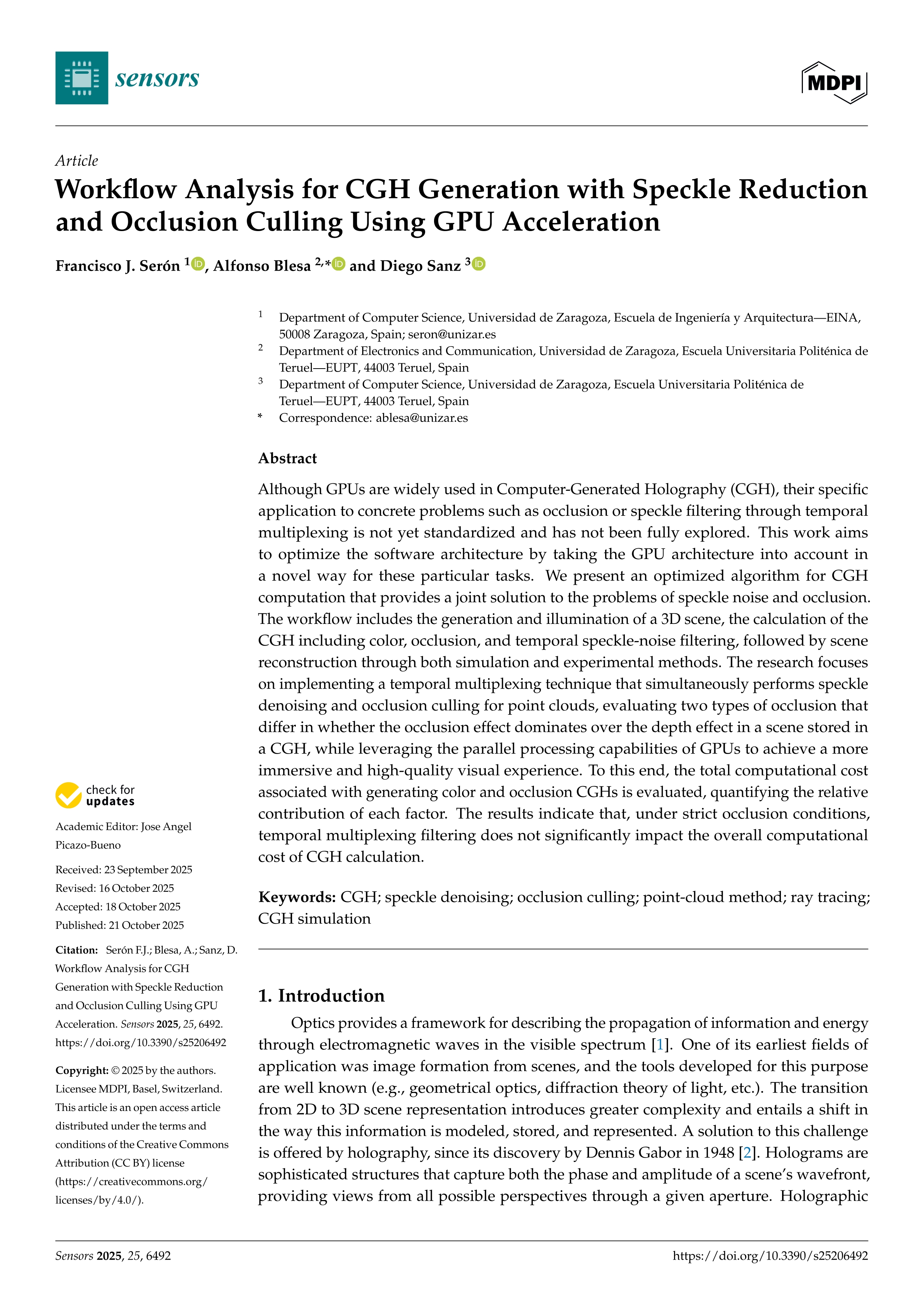 Workflow Analysis for CGH Generation with Speckle Reduction and Occlusion Culling Using GPU Acceleration
