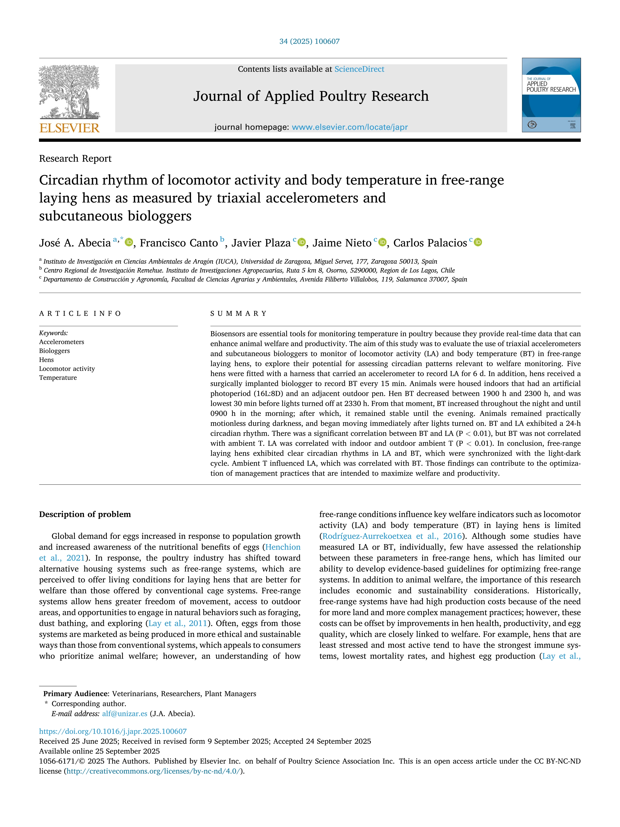 Circadian rhythm of locomotor activity and body temperature in free-range laying hens as measured by triaxial accelerometers and subcutaneous biologgers