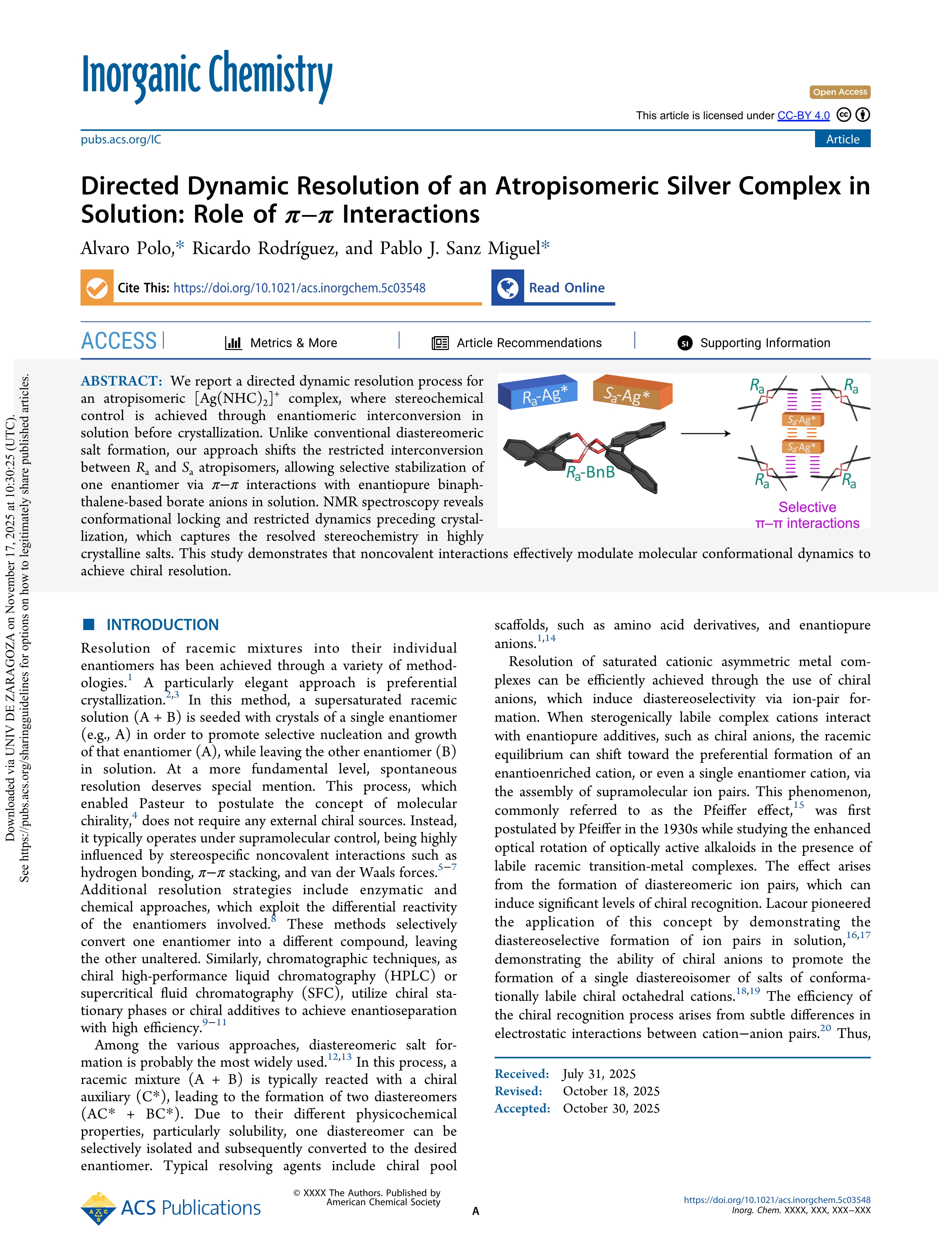 Directed Dynamic Resolution of an Atropisomeric Silver Complex in Solution: Role of π–π Interactions