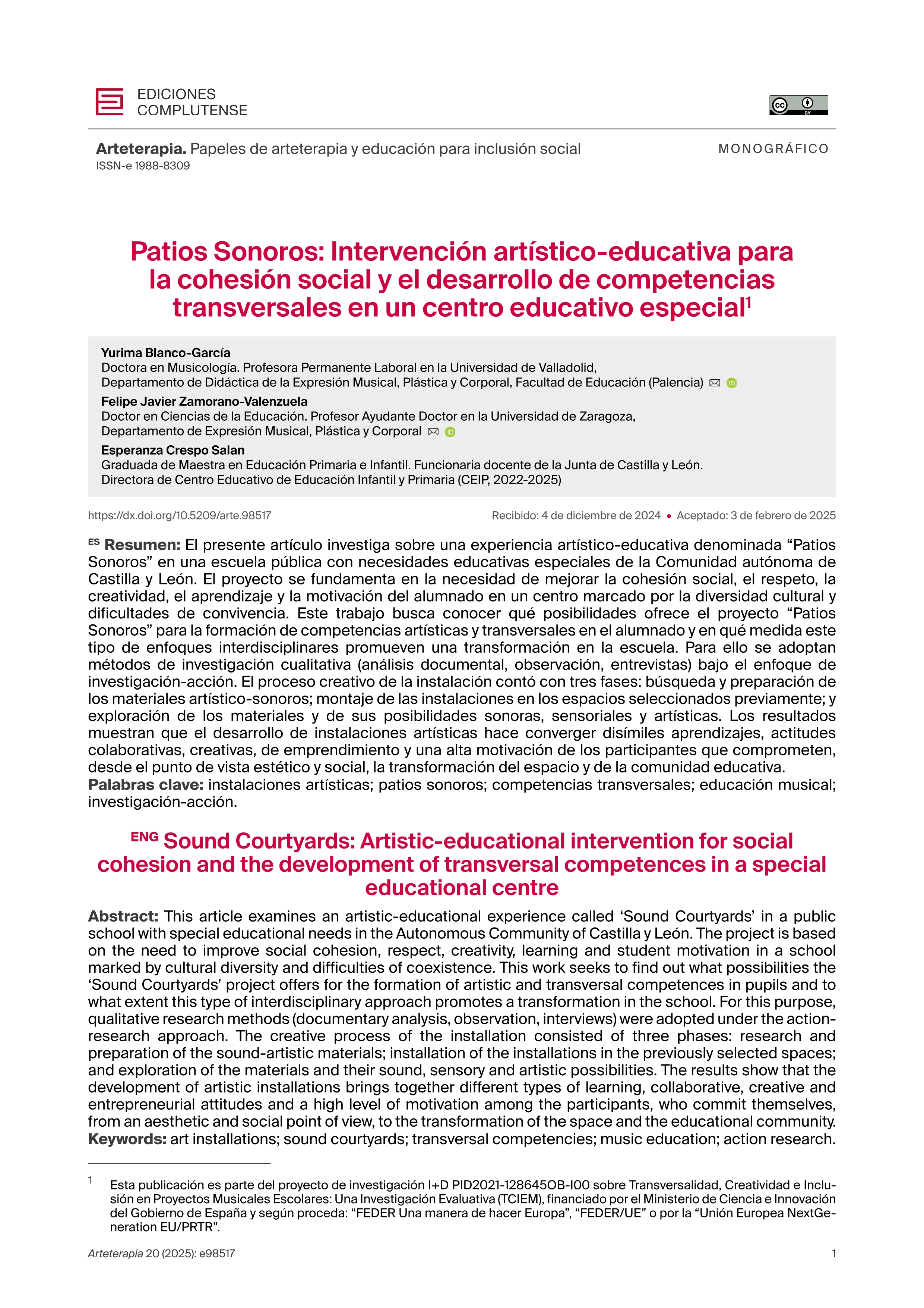 Patios sonoros: intervención artístico-educativa para la cohesión social y el desarrollo de competencias transversales en un centro educativo especial